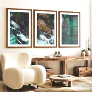 Aerial rocky cove ocean print with foaming surf - Dark Brown Framed Poster with White Border - Artworksets