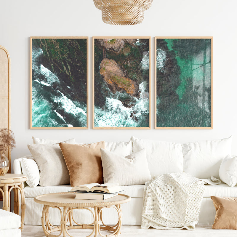 Aerial rocky cove ocean print with foaming surf - Natural Wood Framed Poster No Border - Artworksets