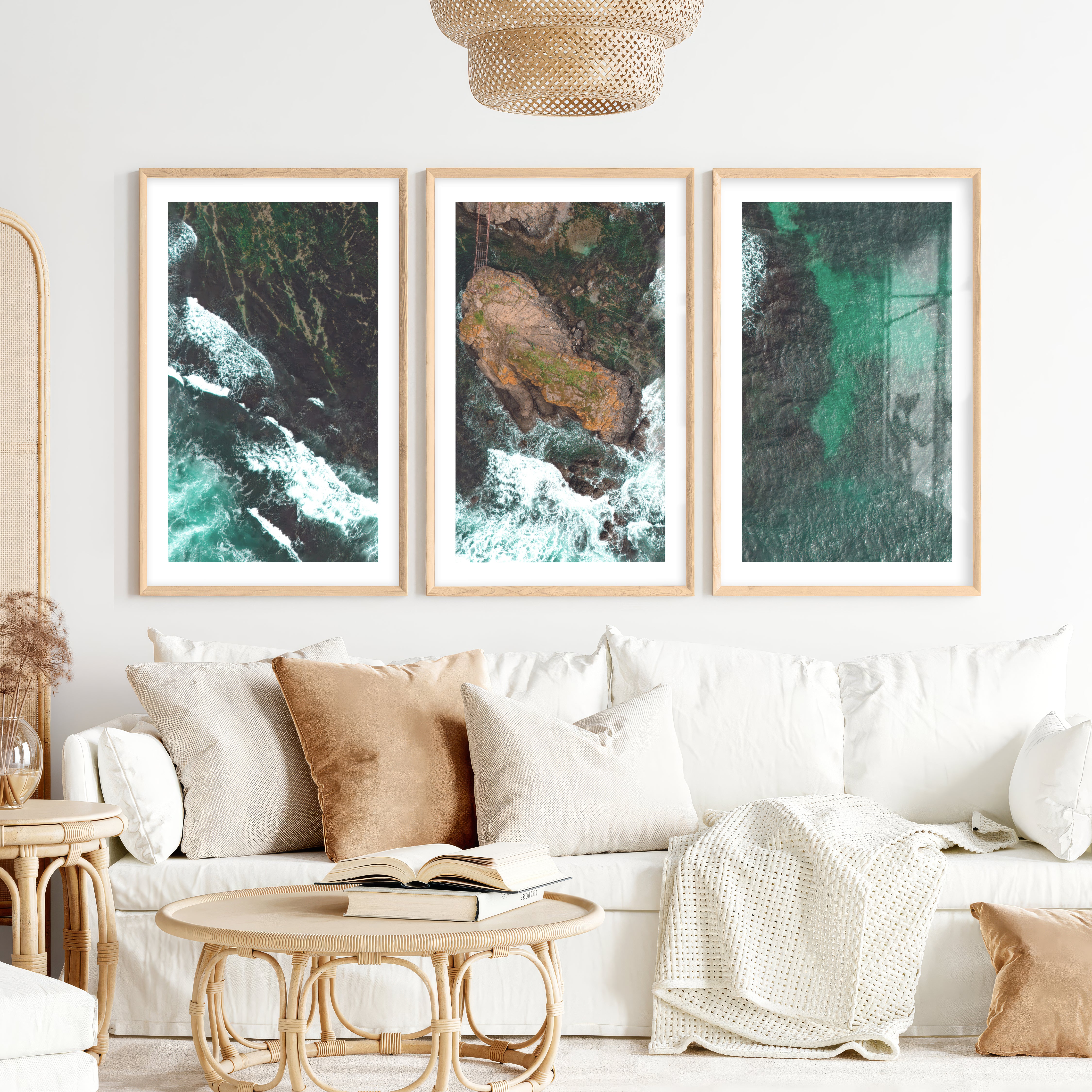 Aerial rocky cove ocean print with foaming surf- Natural Wood Framed Poster with White Border - Artworksets