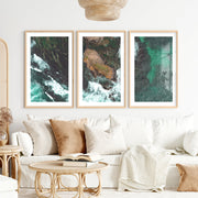 Aerial rocky cove ocean print with foaming surf- Natural Wood Framed Poster with White Border - Artworksets