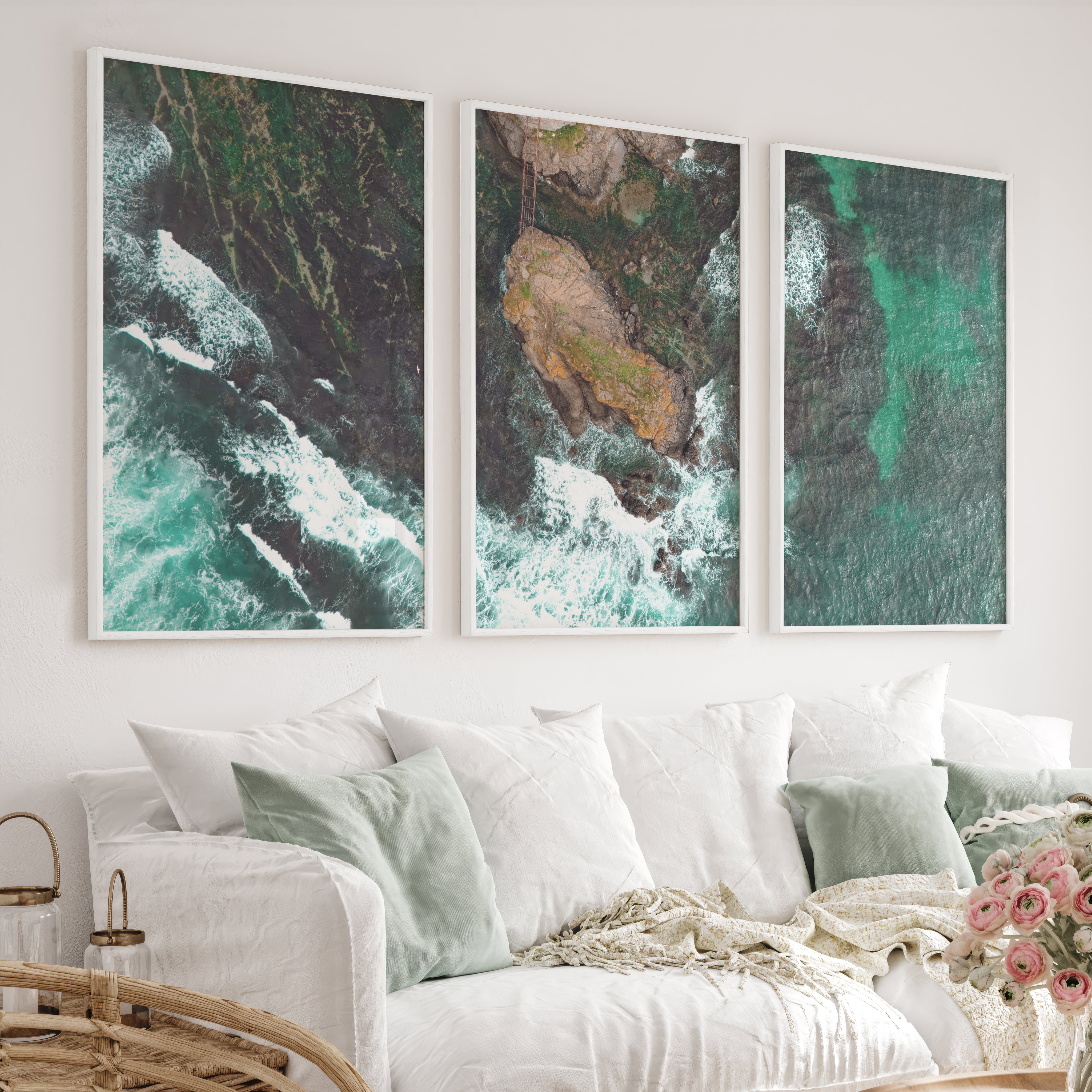 Aerial rocky cove ocean print with foaming surf - White Framed Poster No Border - Artworksets