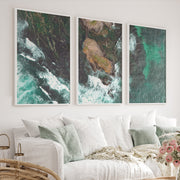 Aerial rocky cove ocean print with foaming surf - White Framed Poster No Border - Artworksets