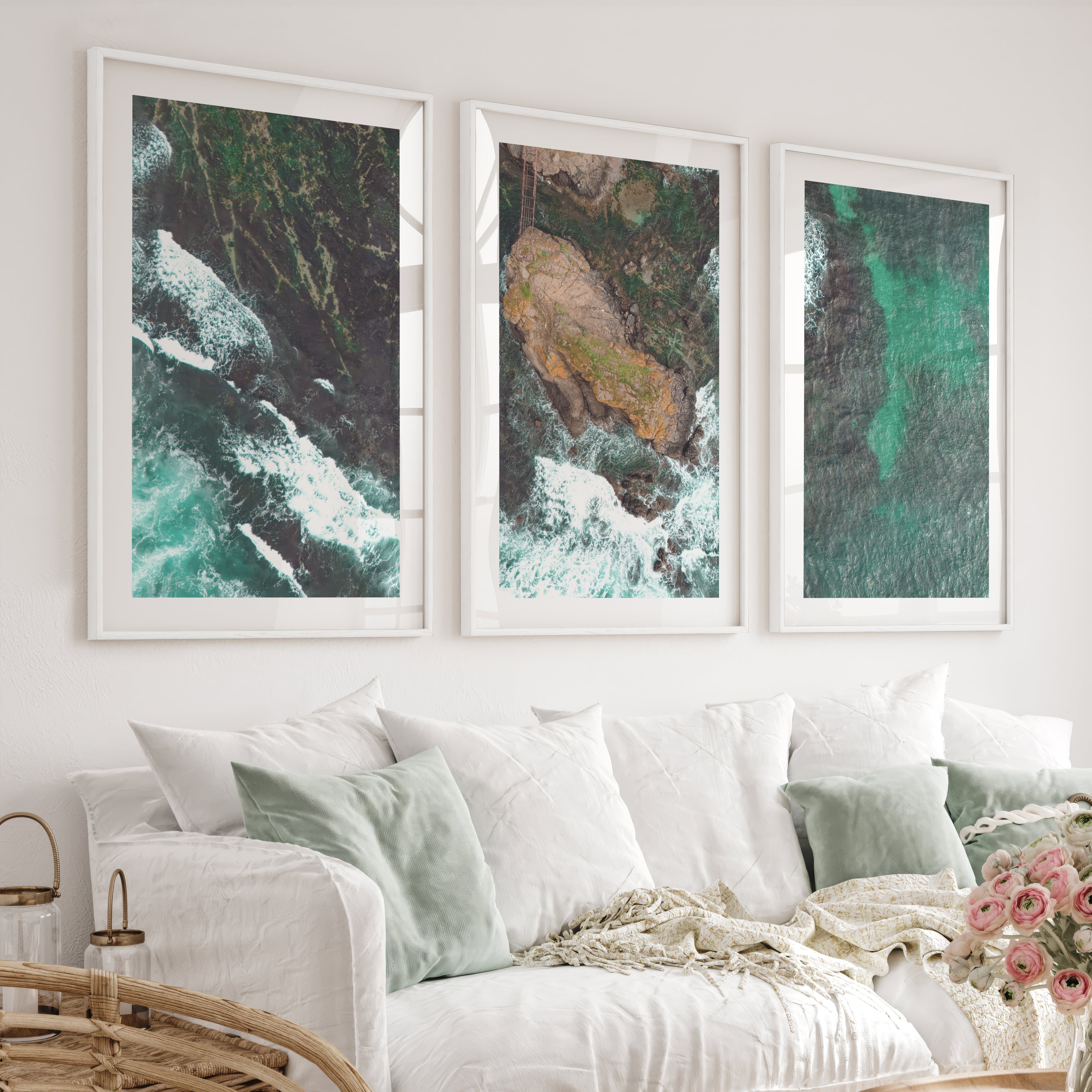 Aerial rocky cove ocean print with foaming surf - White Framed Poster with White Border - Artworksets