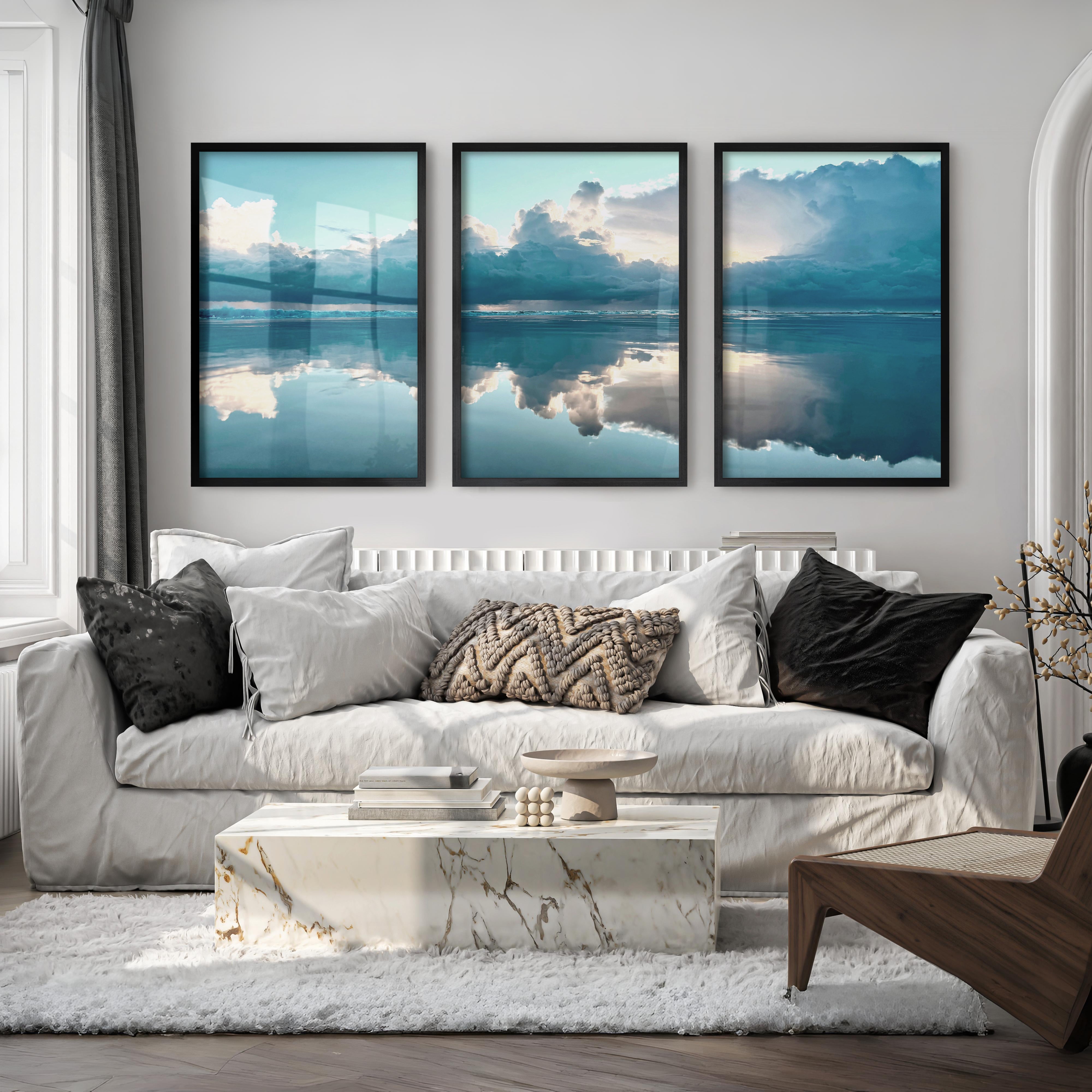 Mirror Shore ocean prints for wall with Storm Clouds - Black Framed Poster No Border - Artworksets
