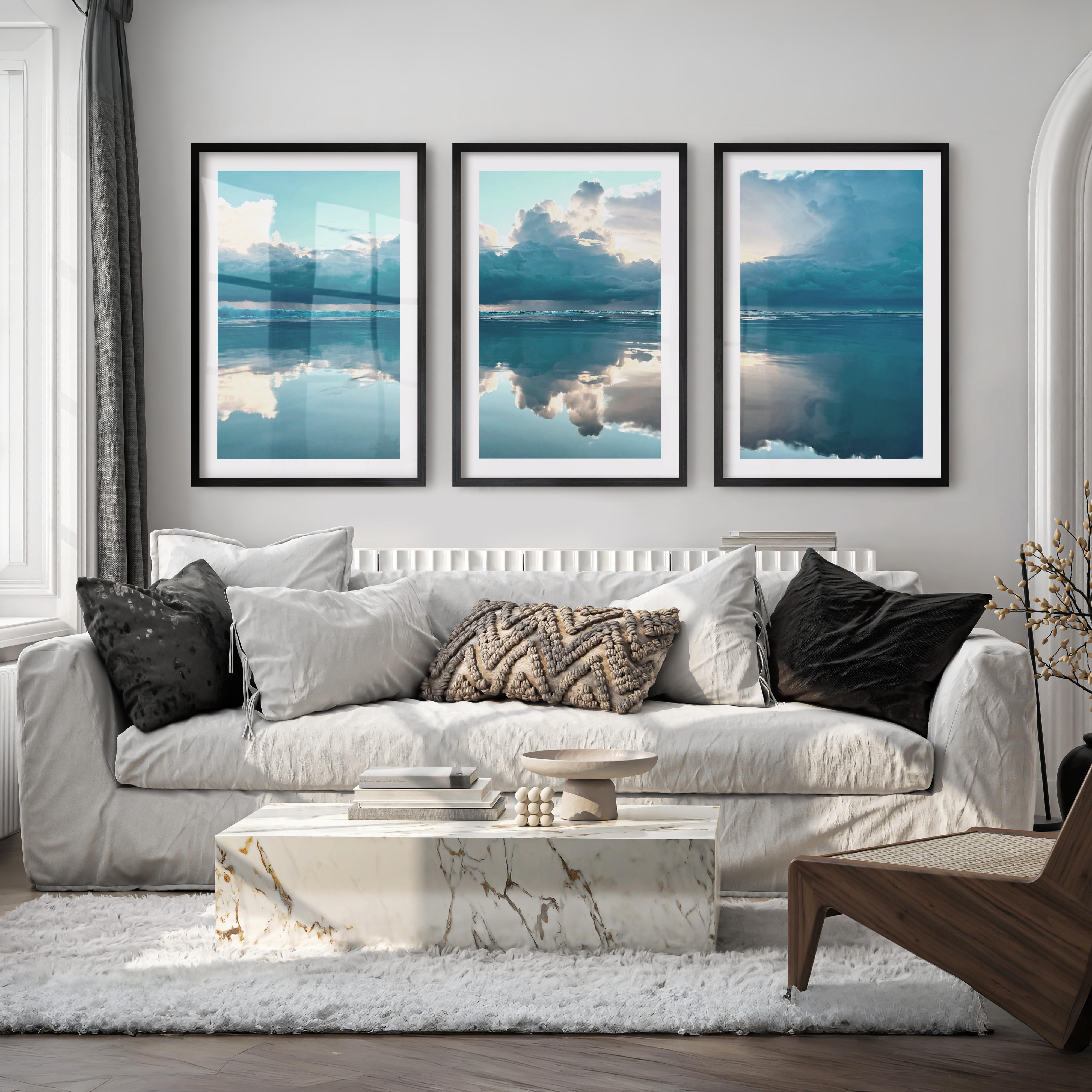 Mirror Shore ocean prints for wall with Storm Clouds - Black Framed Poster with White Border - Artworksets