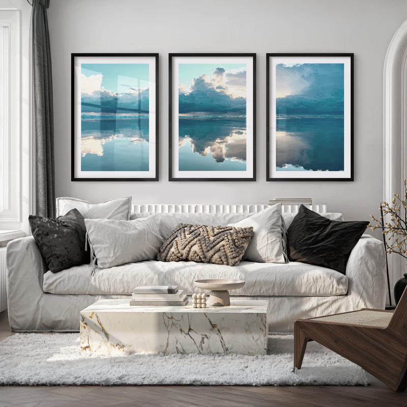Mirror Shore ocean prints for wall with Storm Clouds - Black Framed Poster with White Border - Artworksets