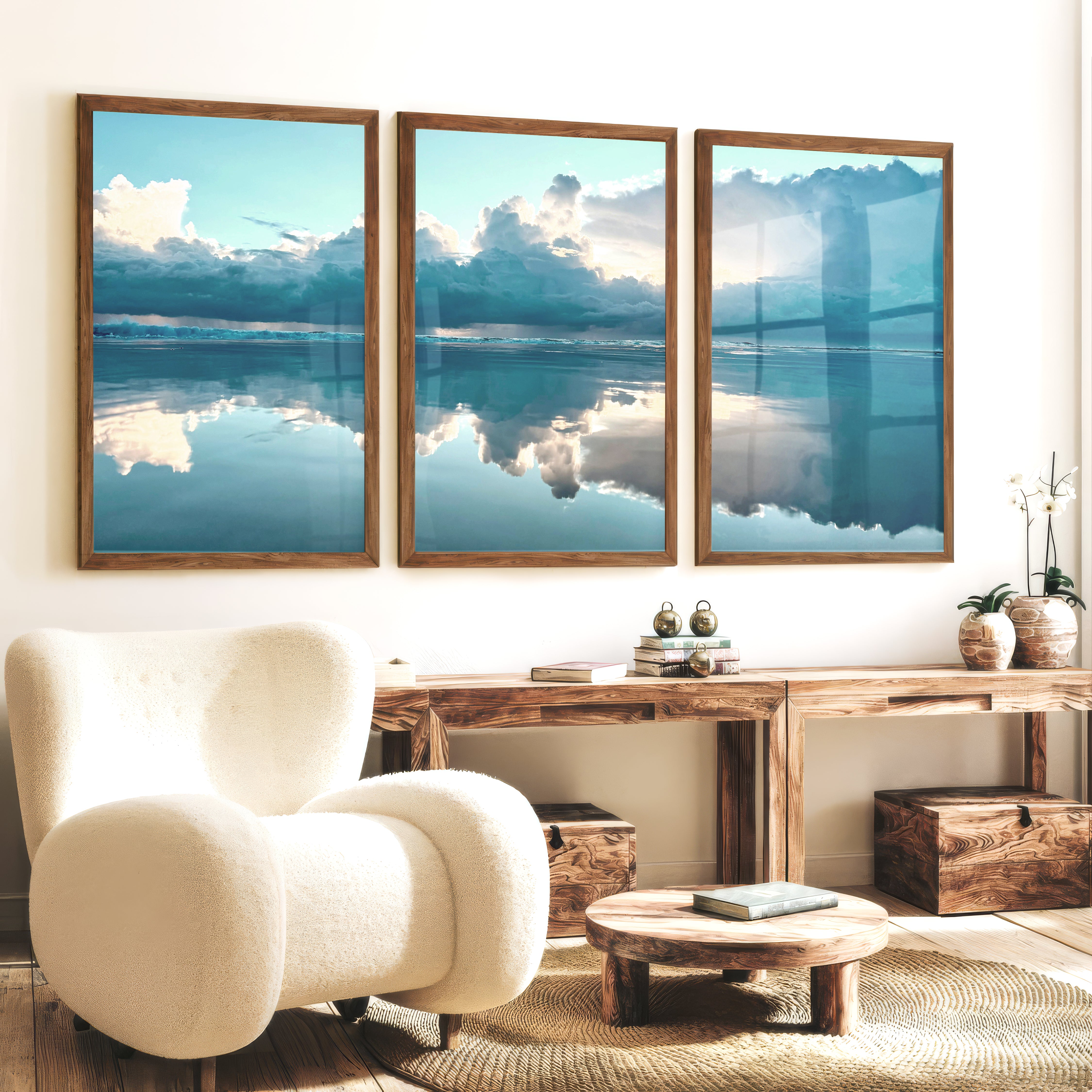 Mirror Shore ocean prints for wall with Storm Clouds - Dark Brown Framed Poster No Border - Artworksets