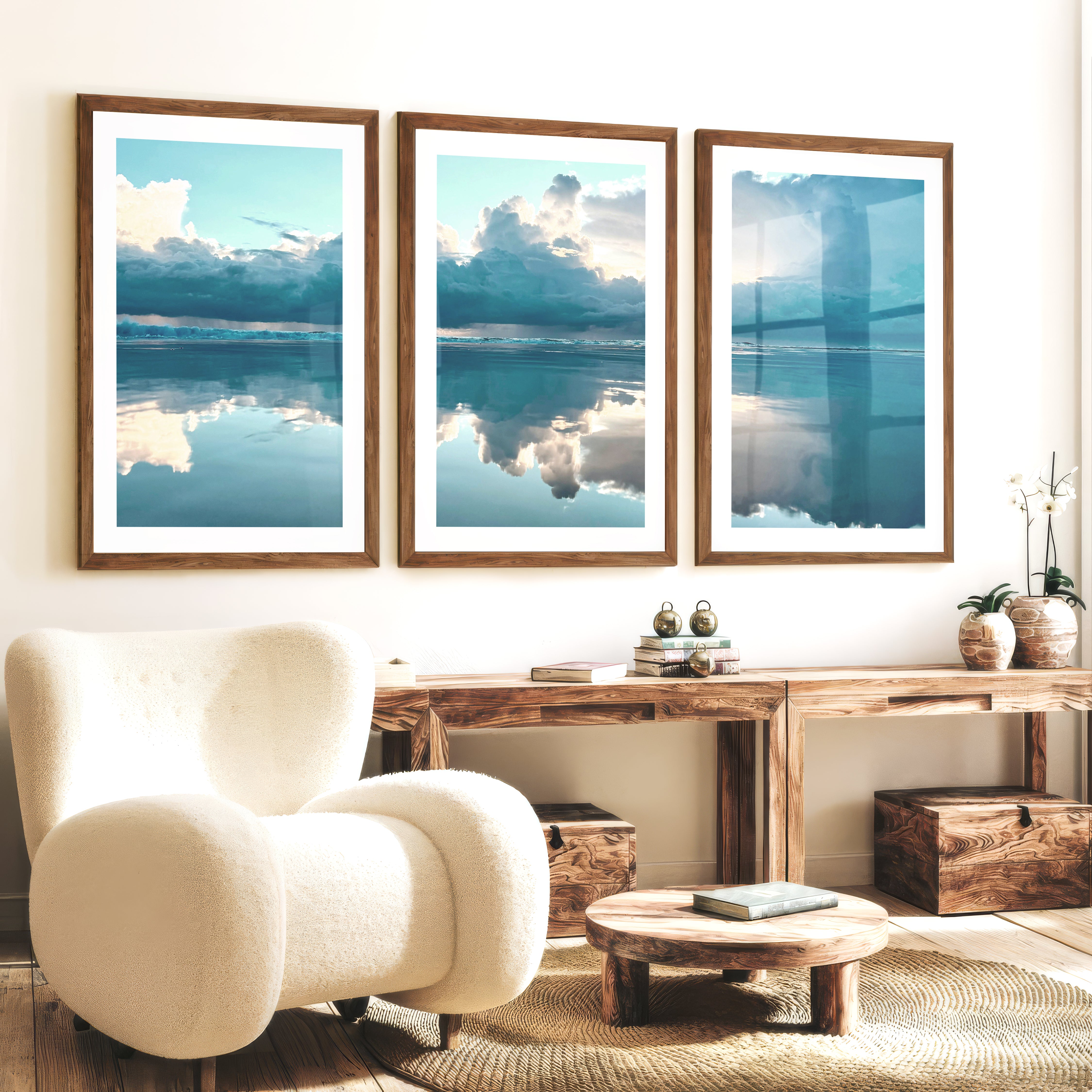 Mirror Shore ocean prints for wall with Storm Clouds - Dark Brown Framed Poster with White Border - Artworksets