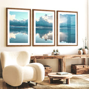 Mirror Shore ocean prints for wall with Storm Clouds - Dark Brown Framed Poster with White Border - Artworksets