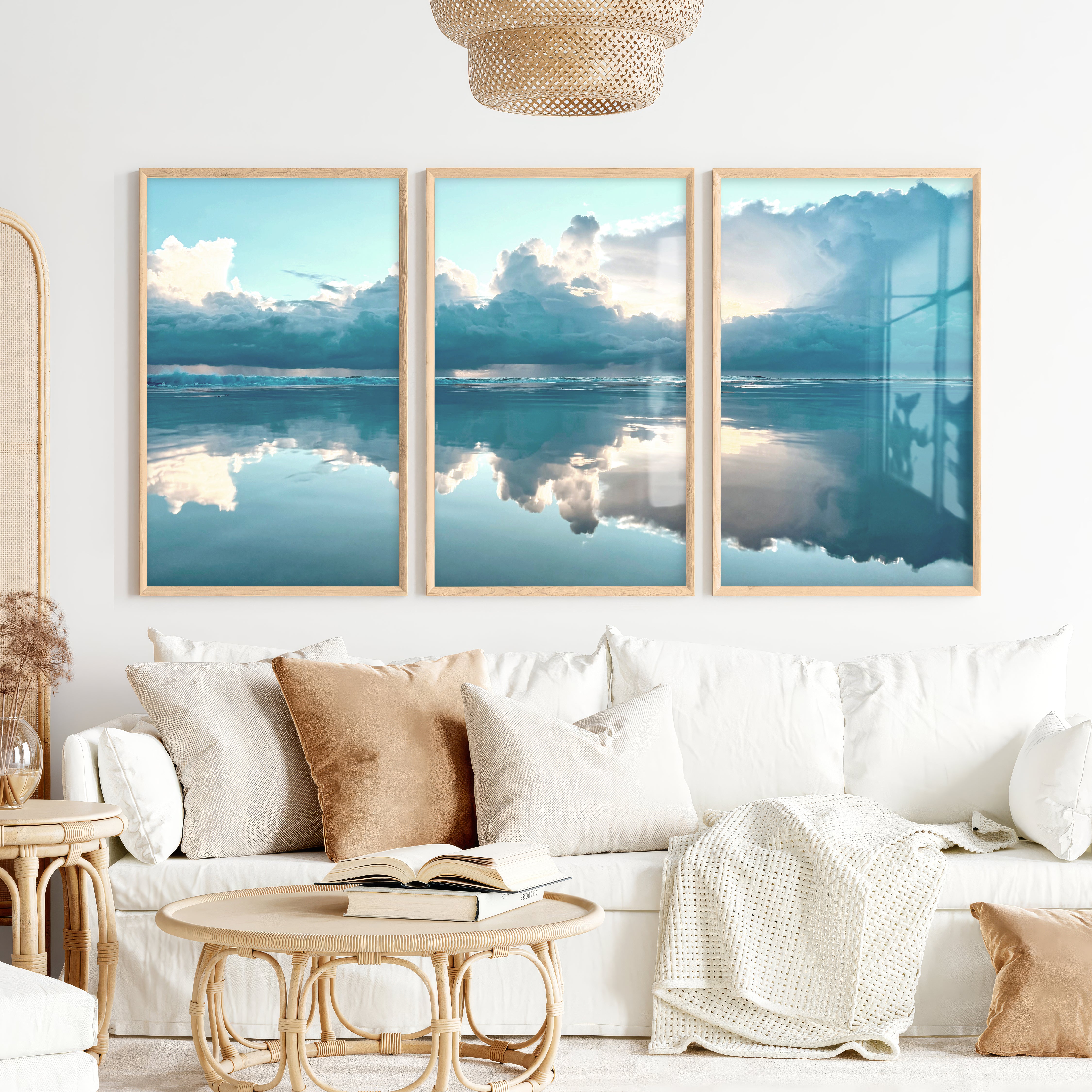Mirror Shore ocean prints for wall with Storm Clouds - Natural Wood Framed Poster No Border - Artworksets