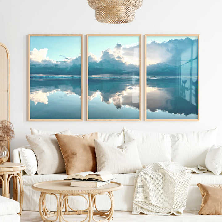 Mirror Shore ocean prints for wall with Storm Clouds - Natural Wood Framed Poster No Border - Artworksets