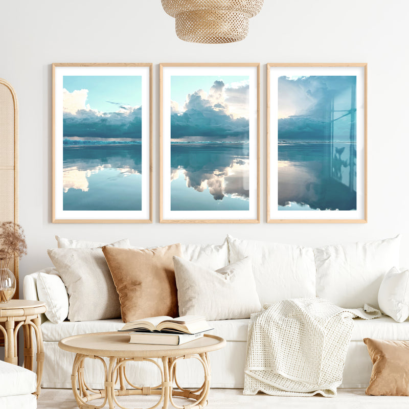 Mirror Shore ocean prints for wall with Storm Clouds- Natural Wood Framed Poster with White Border - Artworksets