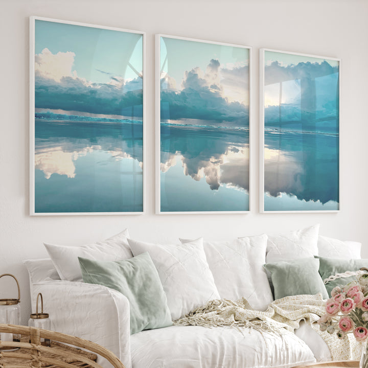 Mirror Shore ocean prints for wall with Storm Clouds - White Framed Poster No Border - Artworksets