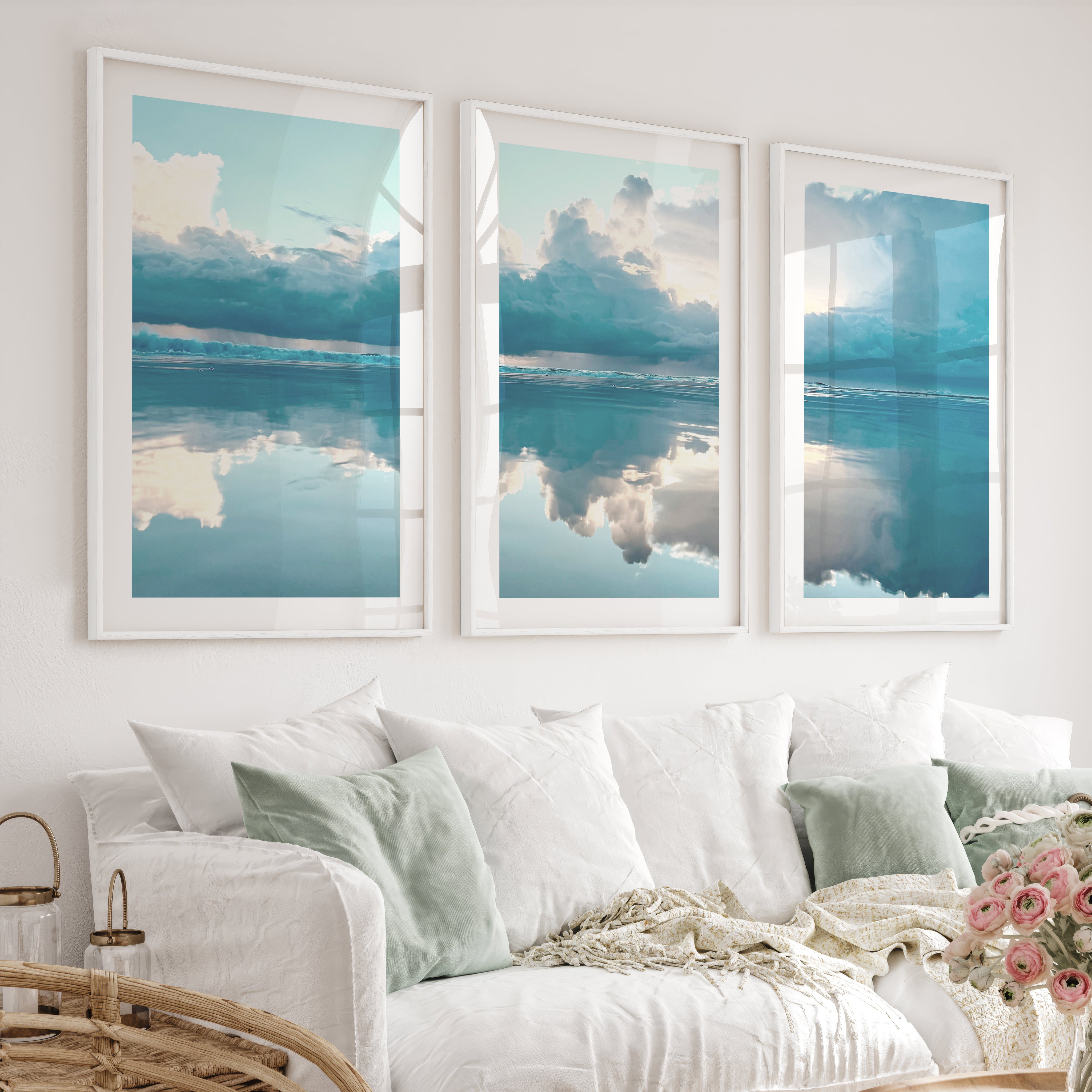 Mirror Shore ocean prints for wall with Storm Clouds - White Framed Poster with White Border - Artworksets