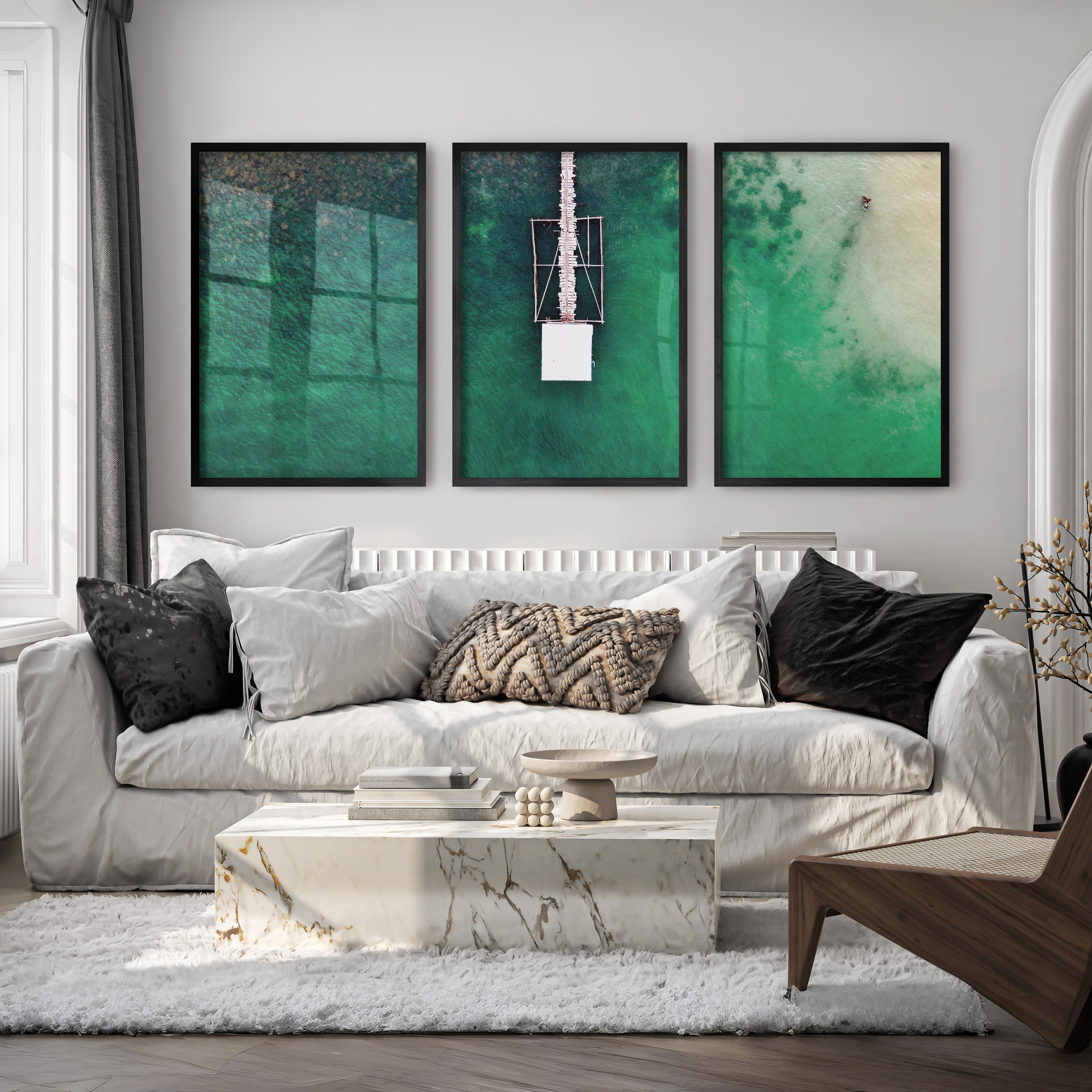 Aerial Pier ocean prints wall art over Turquoise Water - Black Framed Poster No Border - Artworksets