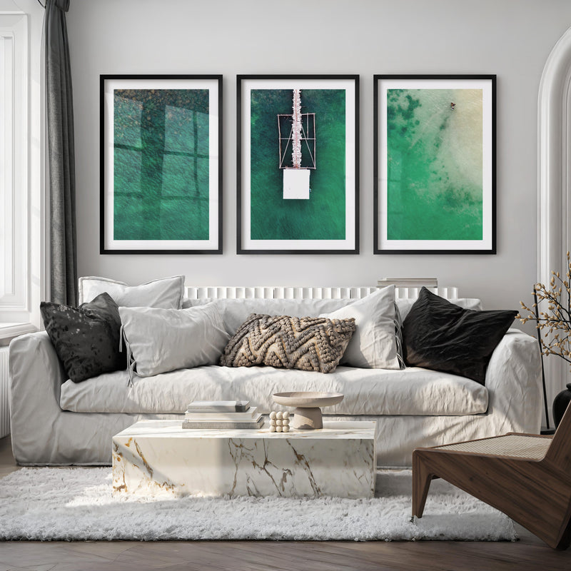 Aerial Pier ocean prints wall art over Turquoise Water - Black Framed Poster with White Border - Artworksets
