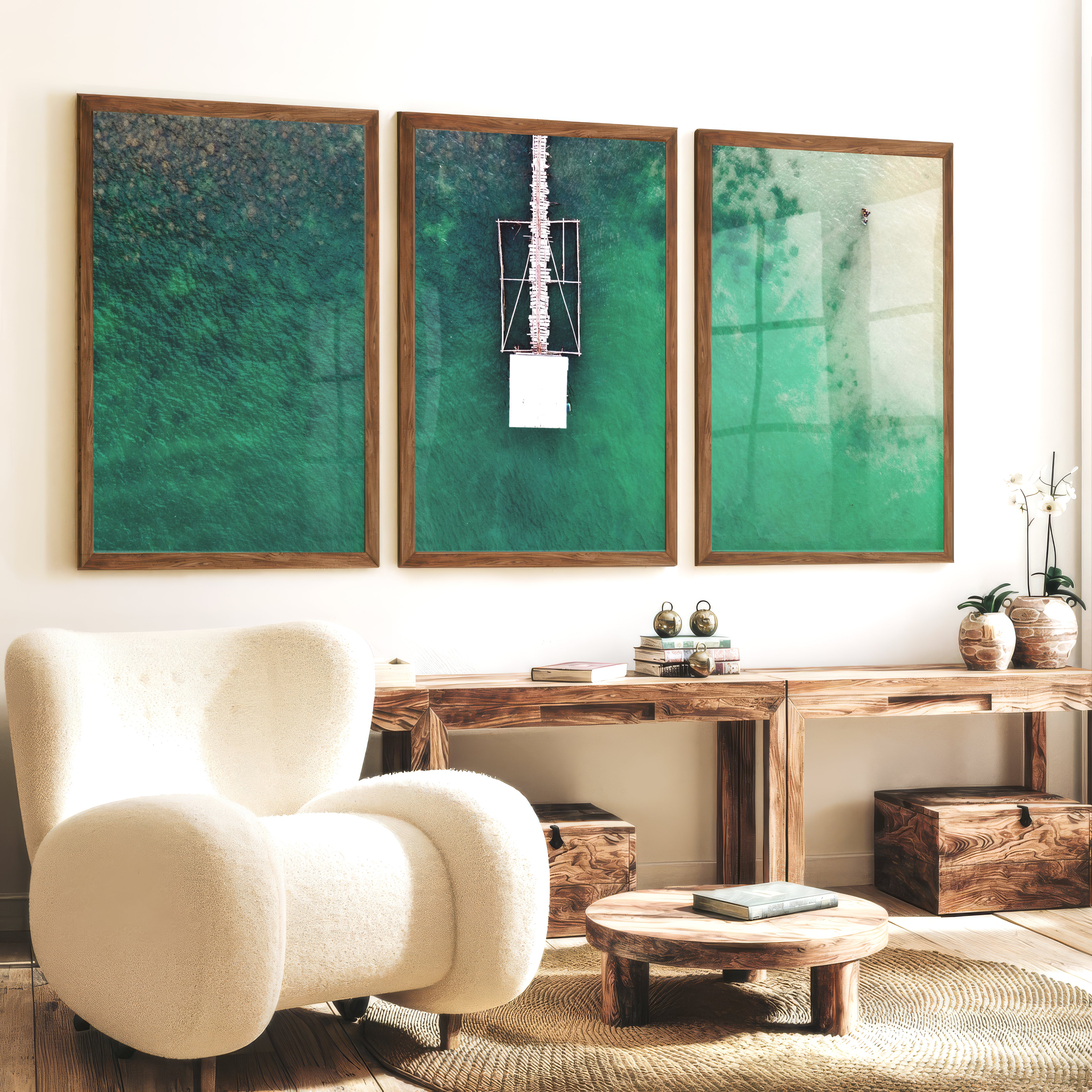 Aerial Pier ocean prints wall art over Turquoise Water - Dark Brown Framed Poster No Border - Artworksets