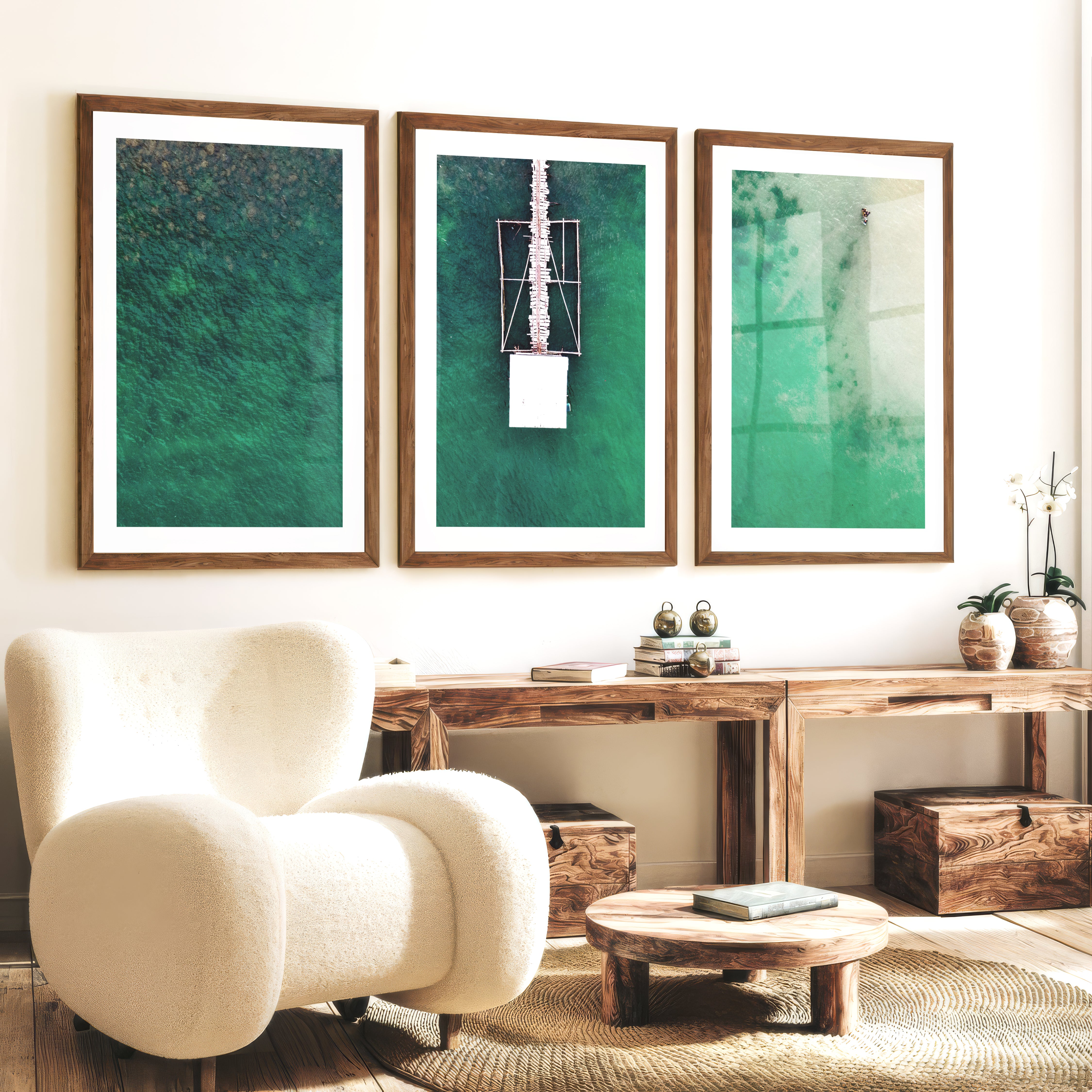 Aerial Pier ocean prints wall art over Turquoise Water - Dark Brown Framed Poster with White Border - Artworksets