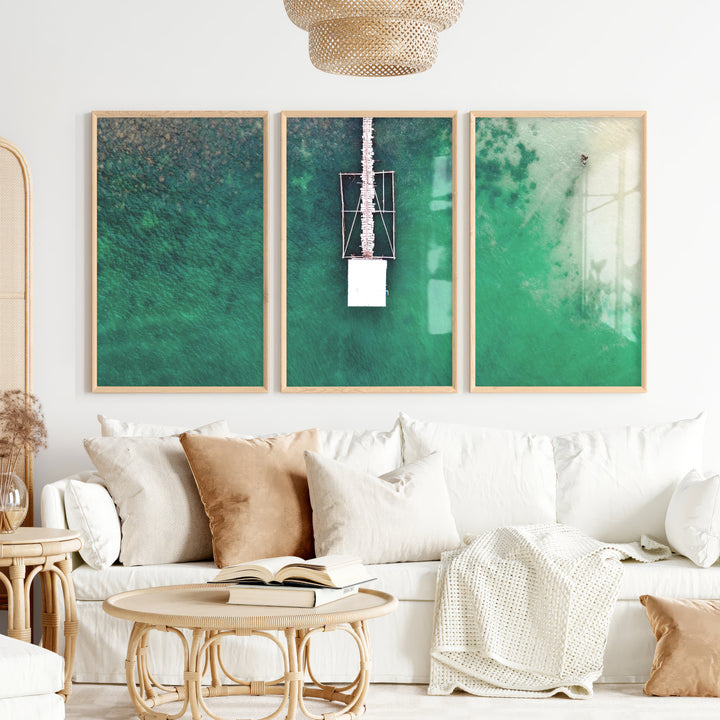 Aerial Pier ocean prints wall art over Turquoise Water - Natural Wood Framed Poster No Border - Artworksets