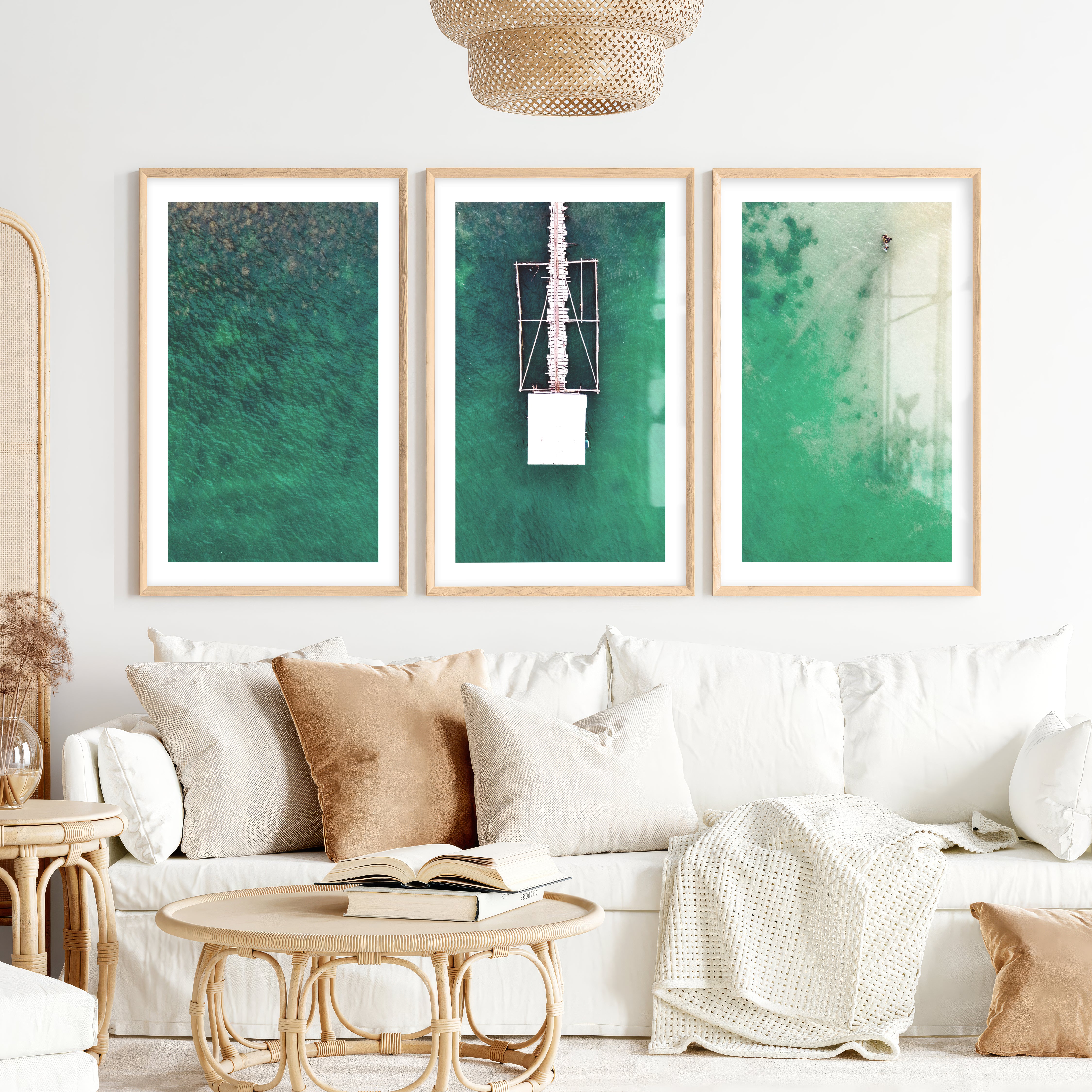 Aerial Pier ocean prints wall art over Turquoise Water- Natural Wood Framed Poster with White Border - Artworksets
