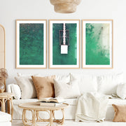 Aerial Pier ocean prints wall art over Turquoise Water- Natural Wood Framed Poster with White Border - Artworksets