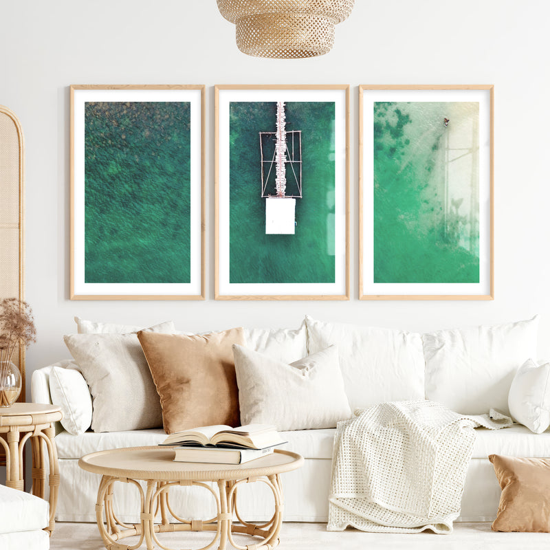 Aerial Pier ocean prints wall art over Turquoise Water- Natural Wood Framed Poster with White Border - Artworksets