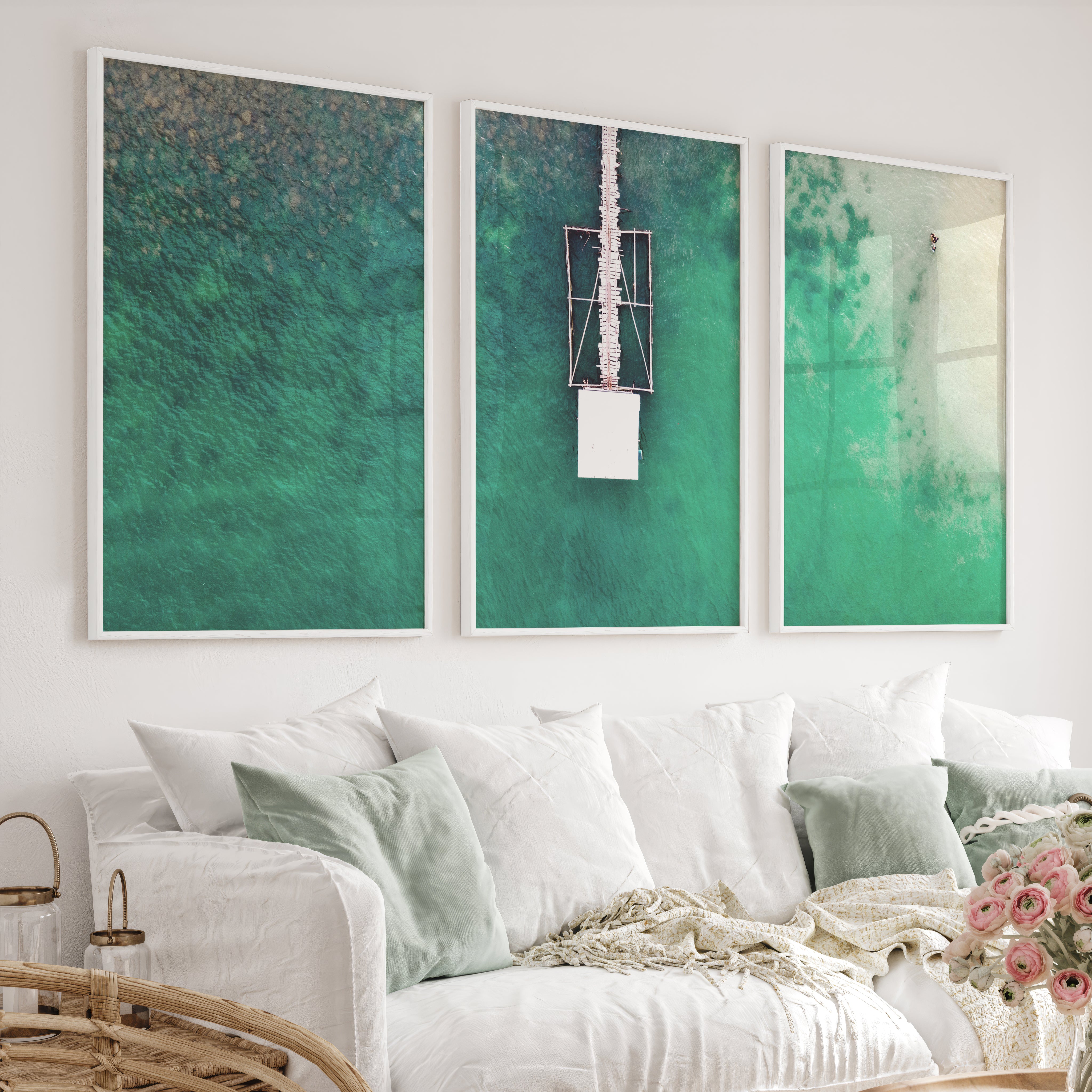 Aerial Pier ocean prints wall art over Turquoise Water - White Framed Poster No Border - Artworksets