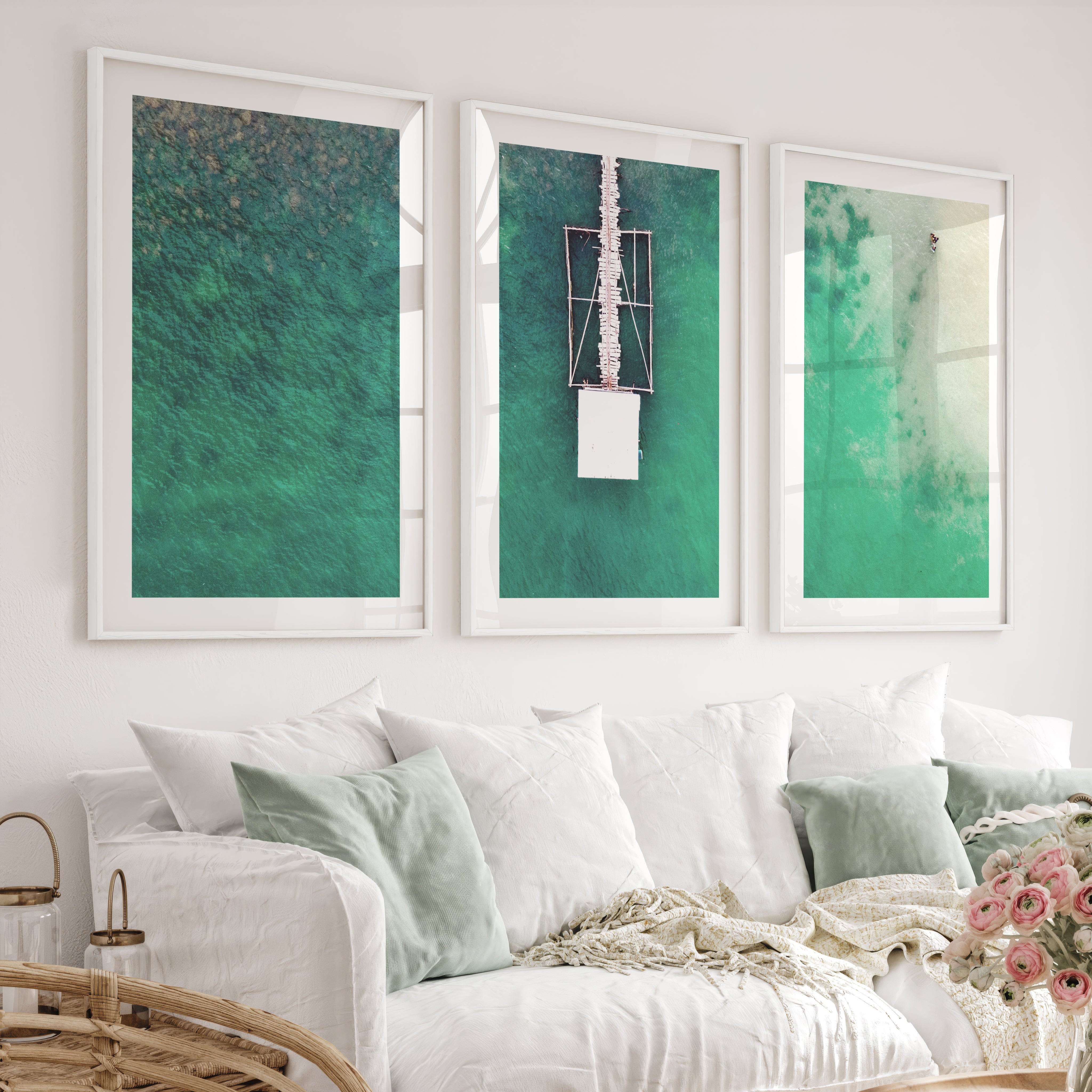 Aerial Pier ocean prints wall art over Turquoise Water - White Framed Poster with White Border - Artworksets