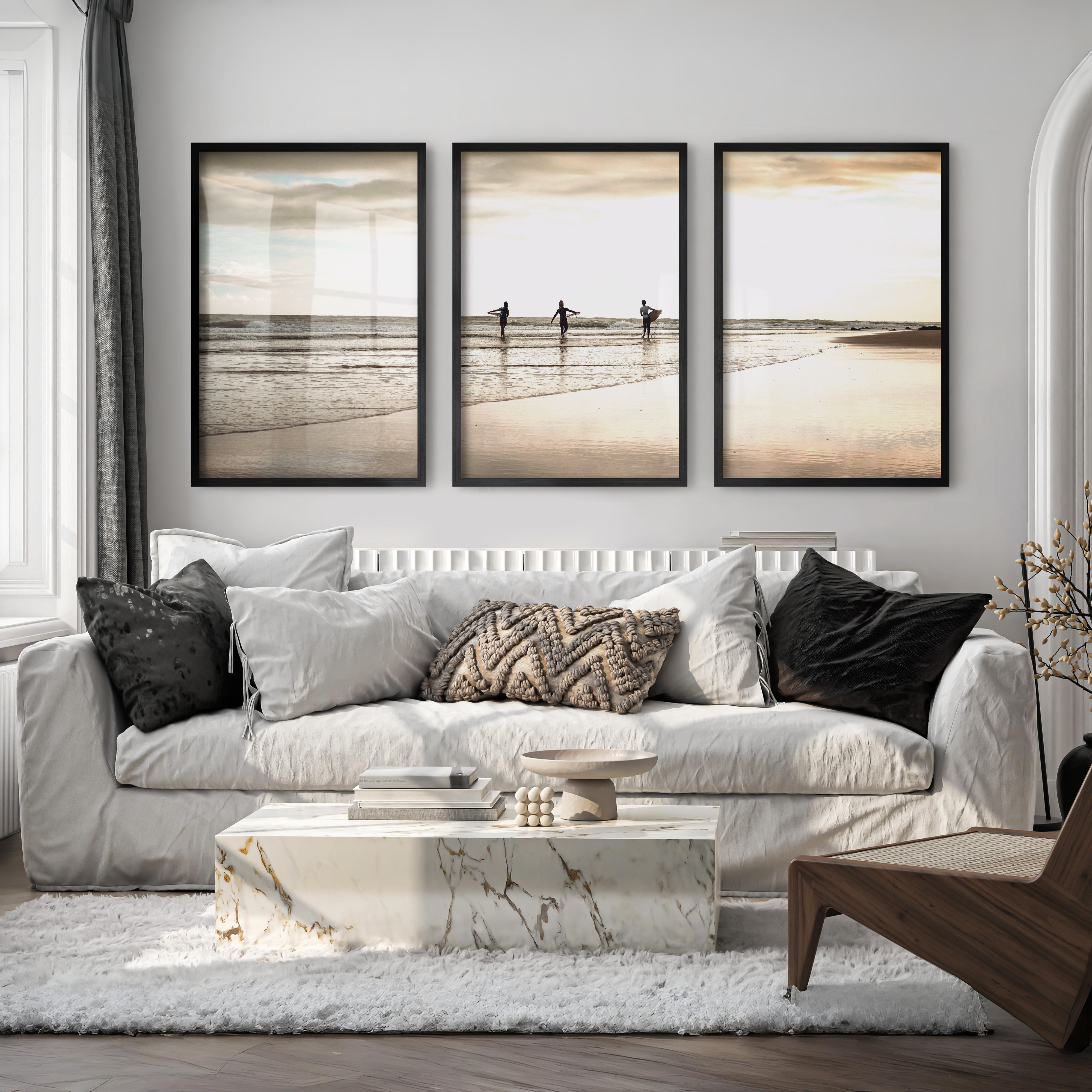 Golden Tide Surfers Ocean Surf Art - Black Framed Poster No Border - Artworksets