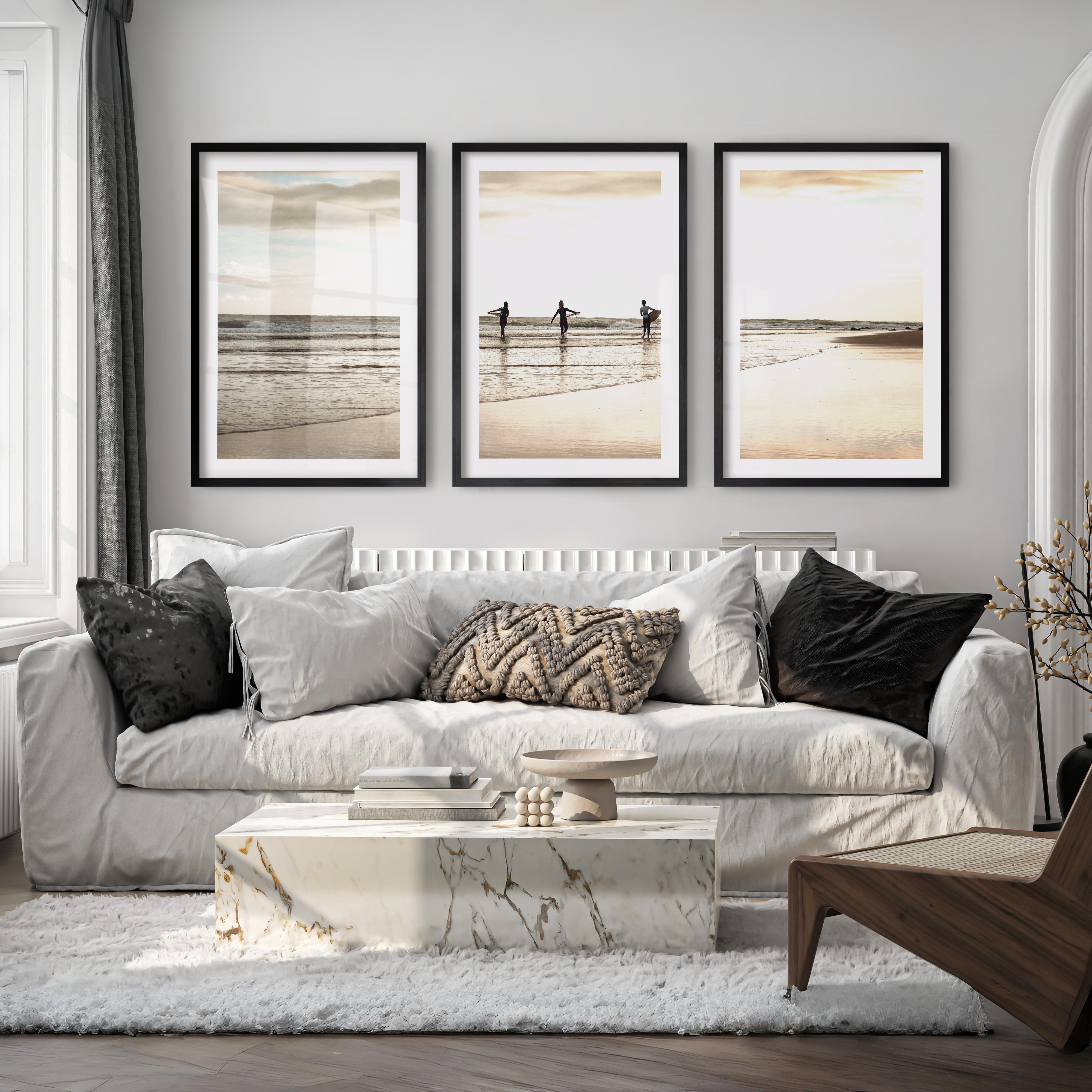 Golden Tide Surfers Ocean Surf Art - Black Framed Poster with White Border - Artworksets
