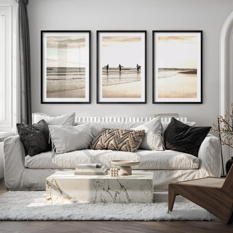 Golden Tide Surfers Ocean Surf Art - Black Framed Poster with White Border - Artworksets