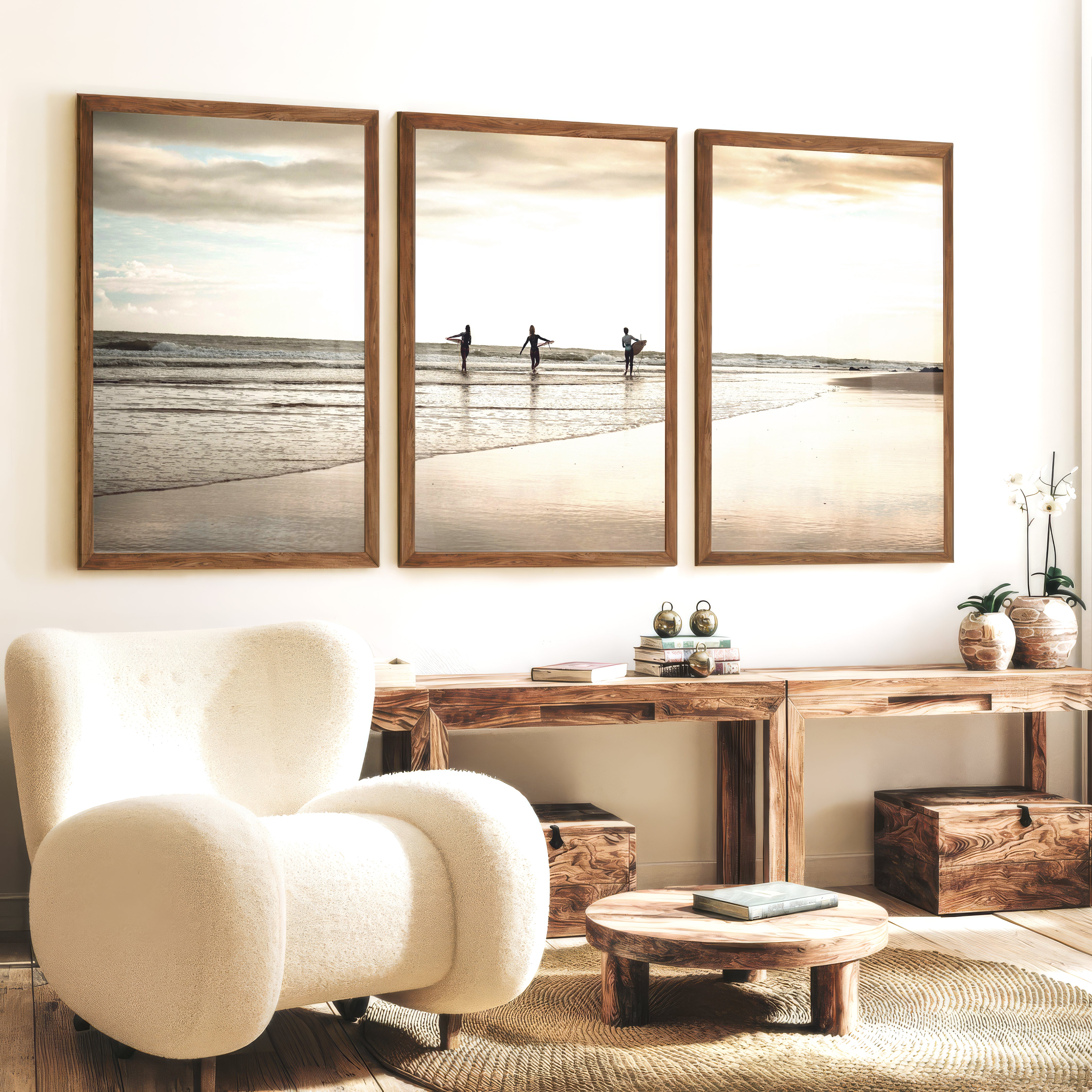 Golden Tide Surfers Ocean Surf Art - Dark Brown Framed Poster No Border - Artworksets