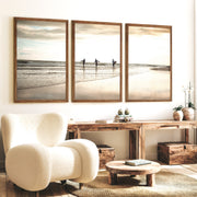 Golden Tide Surfers Ocean Surf Art - Dark Brown Framed Poster No Border - Artworksets
