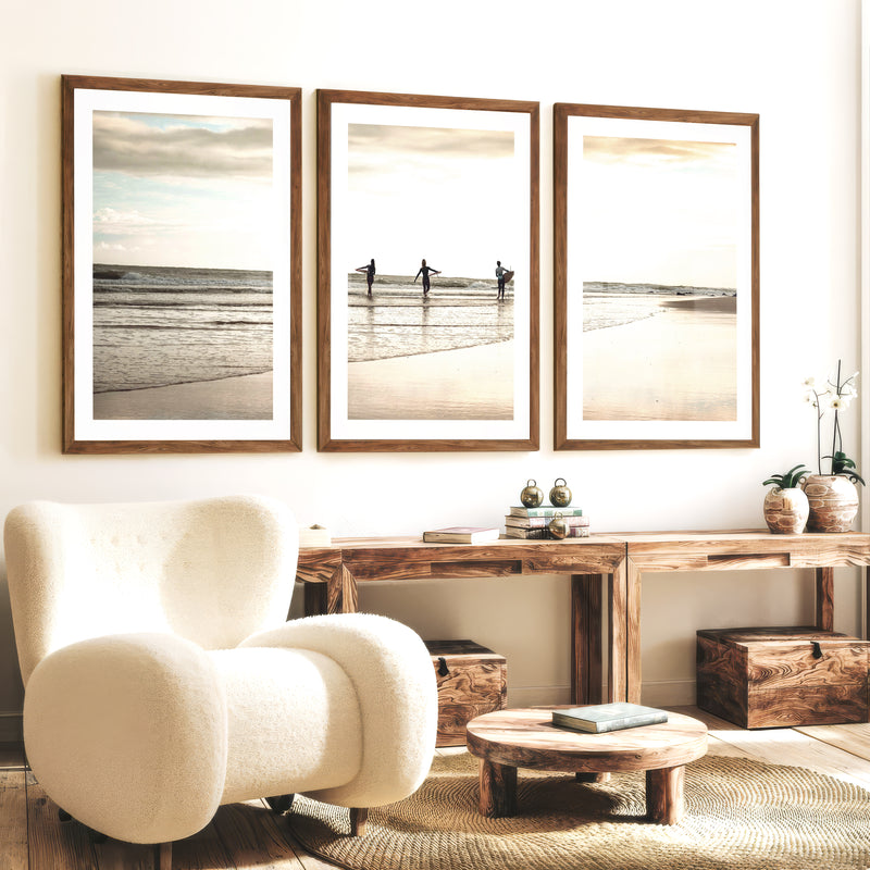 Golden Tide Surfers Ocean Surf Art - Dark Brown Framed Poster with White Border - Artworksets