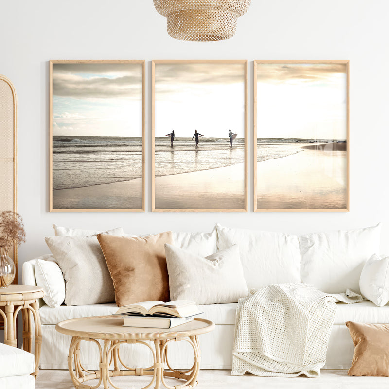 Golden Tide Surfers Ocean Surf Art - Natural Wood Framed Poster No Border - Artworksets