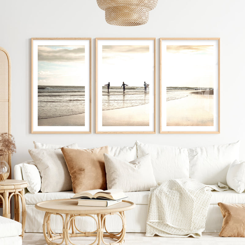 Golden Tide Surfers Ocean Surf Art- Natural Wood Framed Poster with White Border - Artworksets