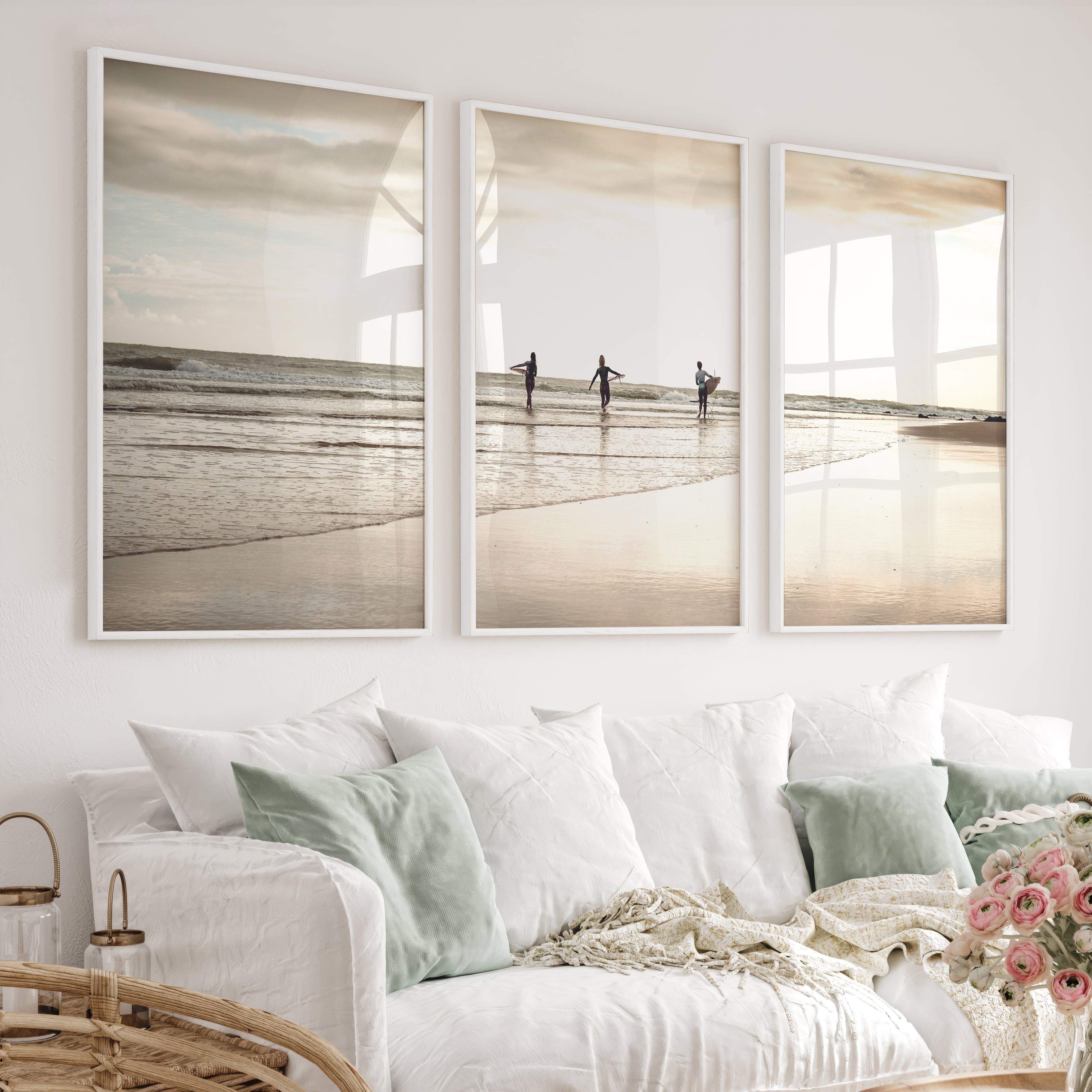 Golden Tide Surfers Ocean Surf Art - White Framed Poster No Border - Artworksets