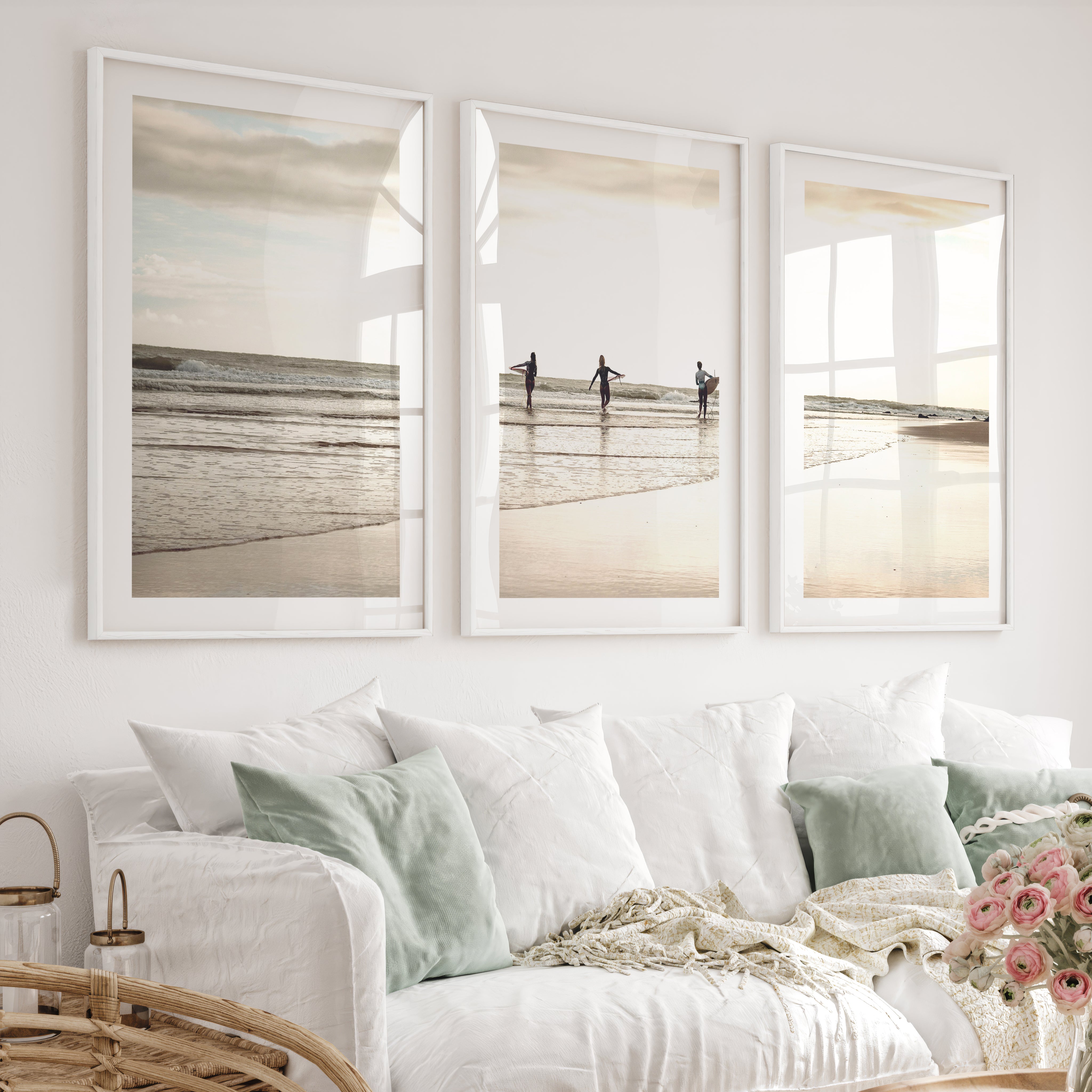 Golden Tide Surfers Ocean Surf Art - White Framed Poster with White Border - Artworksets