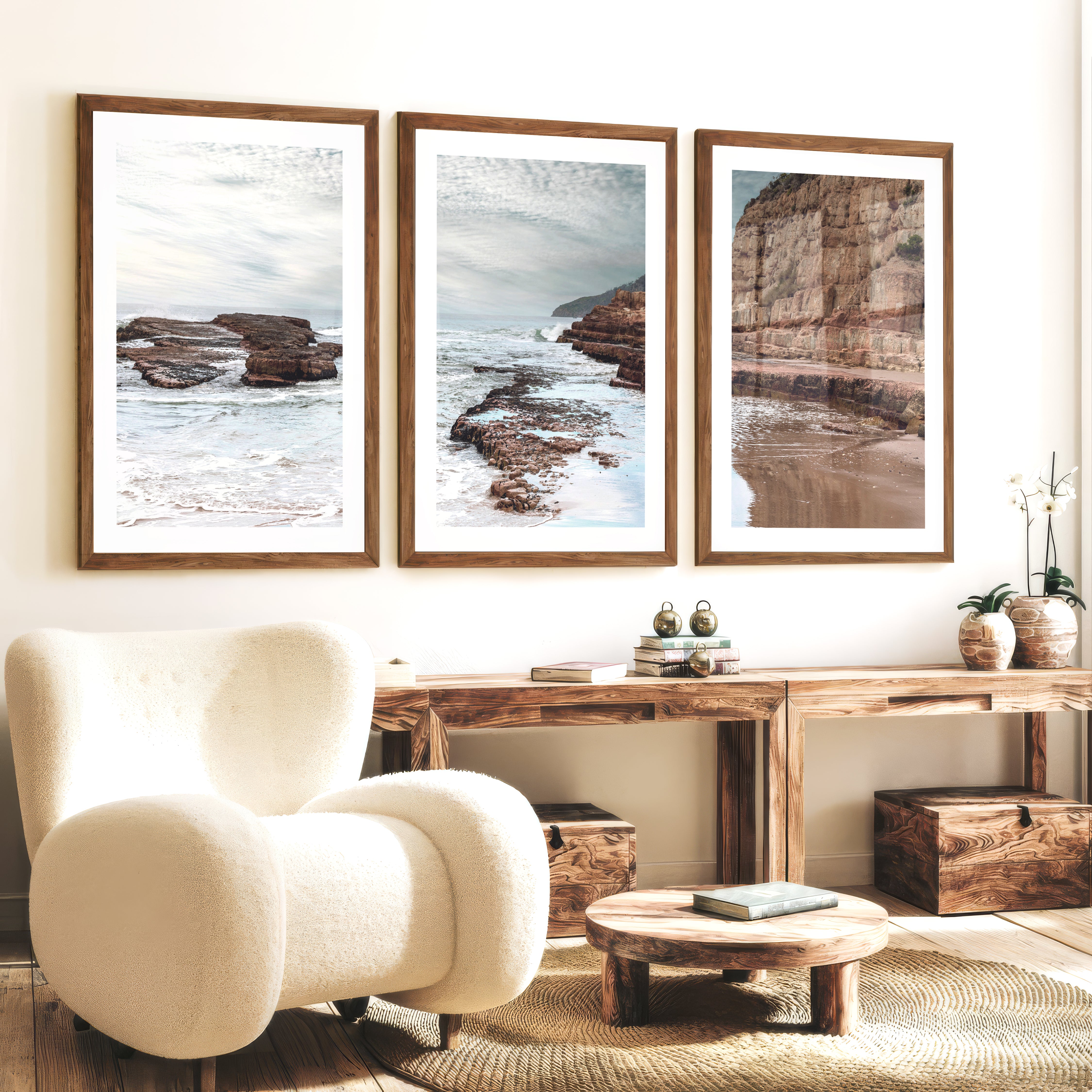 Rocky Cove ocean the wall - Dark Brown Framed Poster with White Border - Artworksets