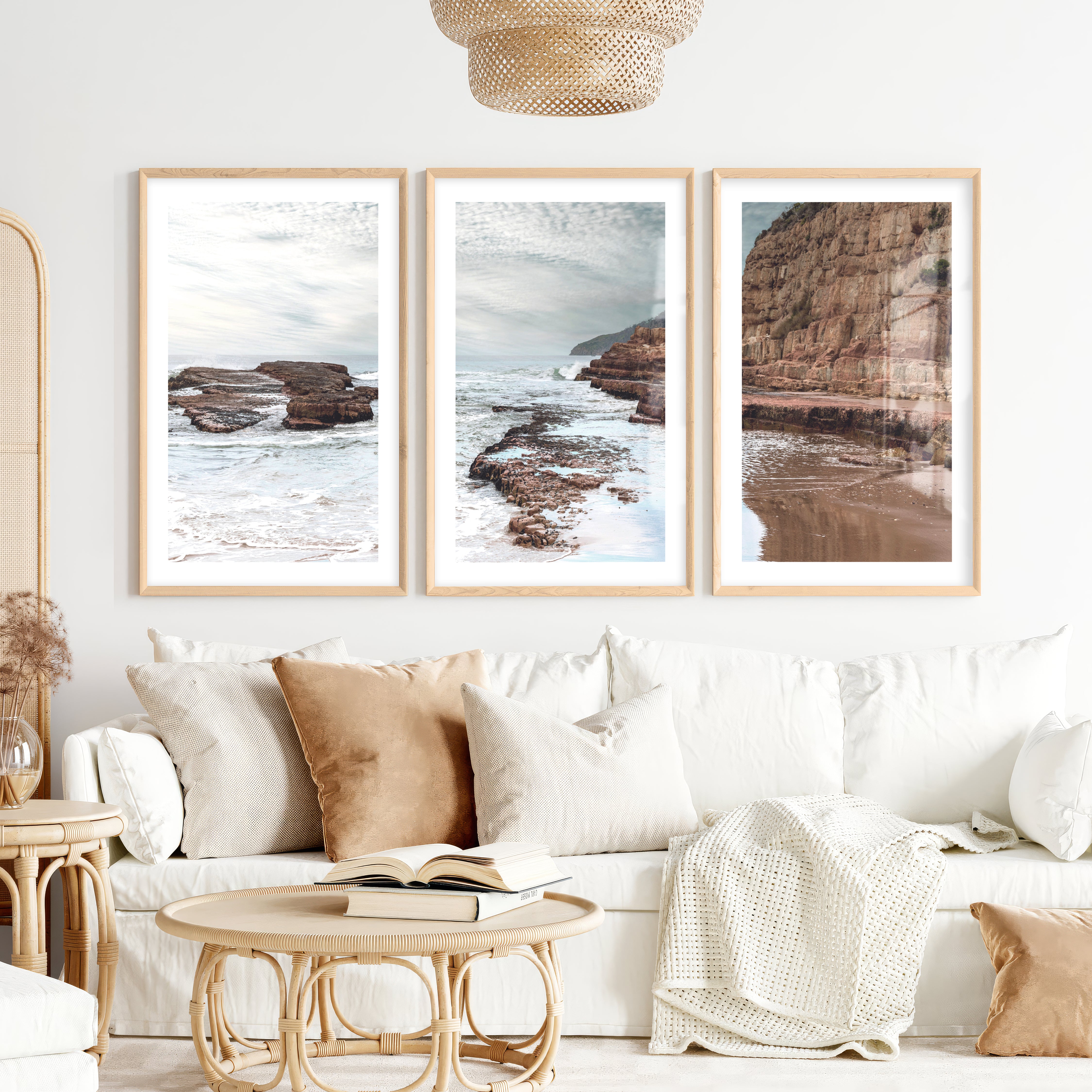 Rocky Cove ocean the wall- Natural Wood Framed Poster with White Border - Artworksets