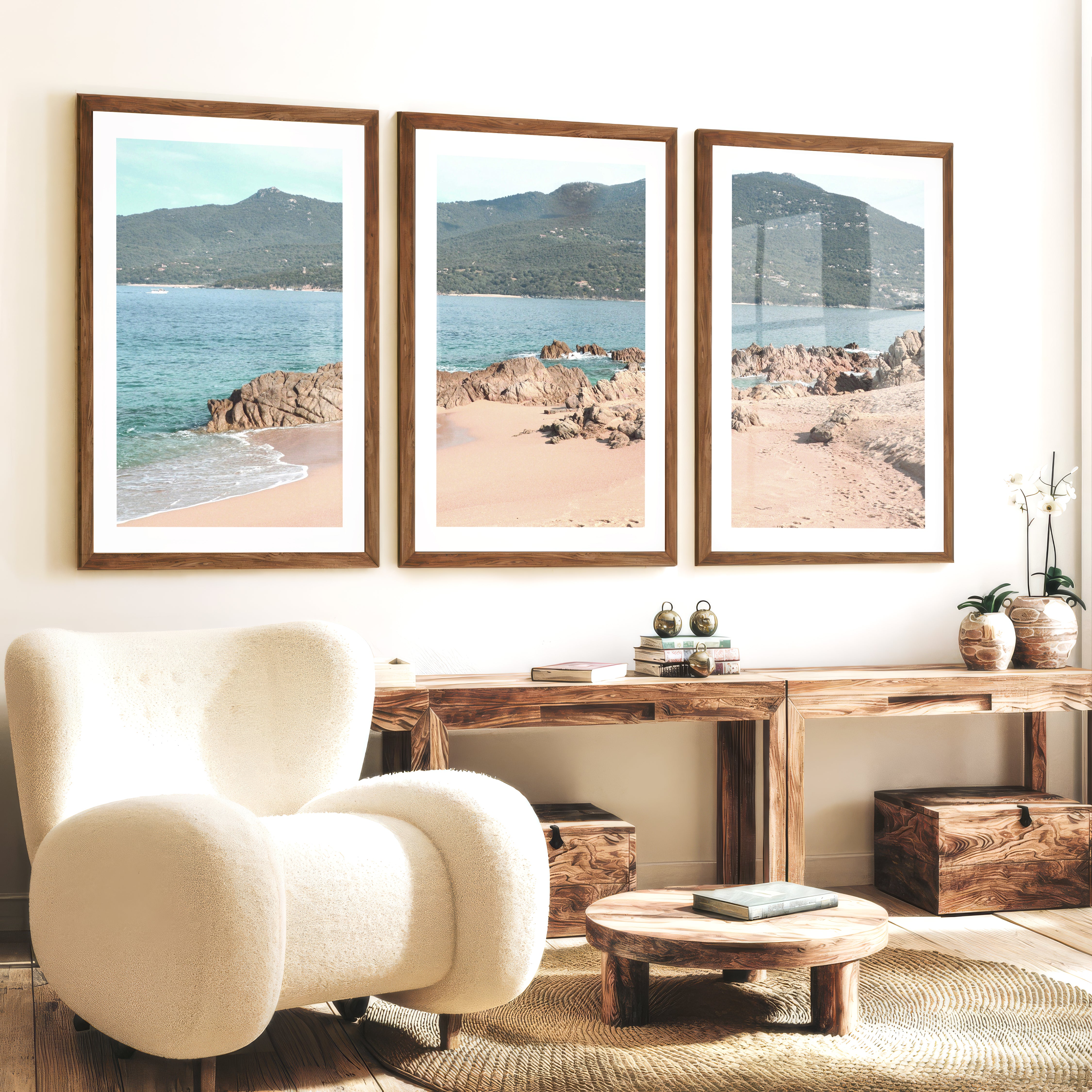 Rocky Cove ocean themed prints - Dark Brown Framed Poster with White Border - Artworksets