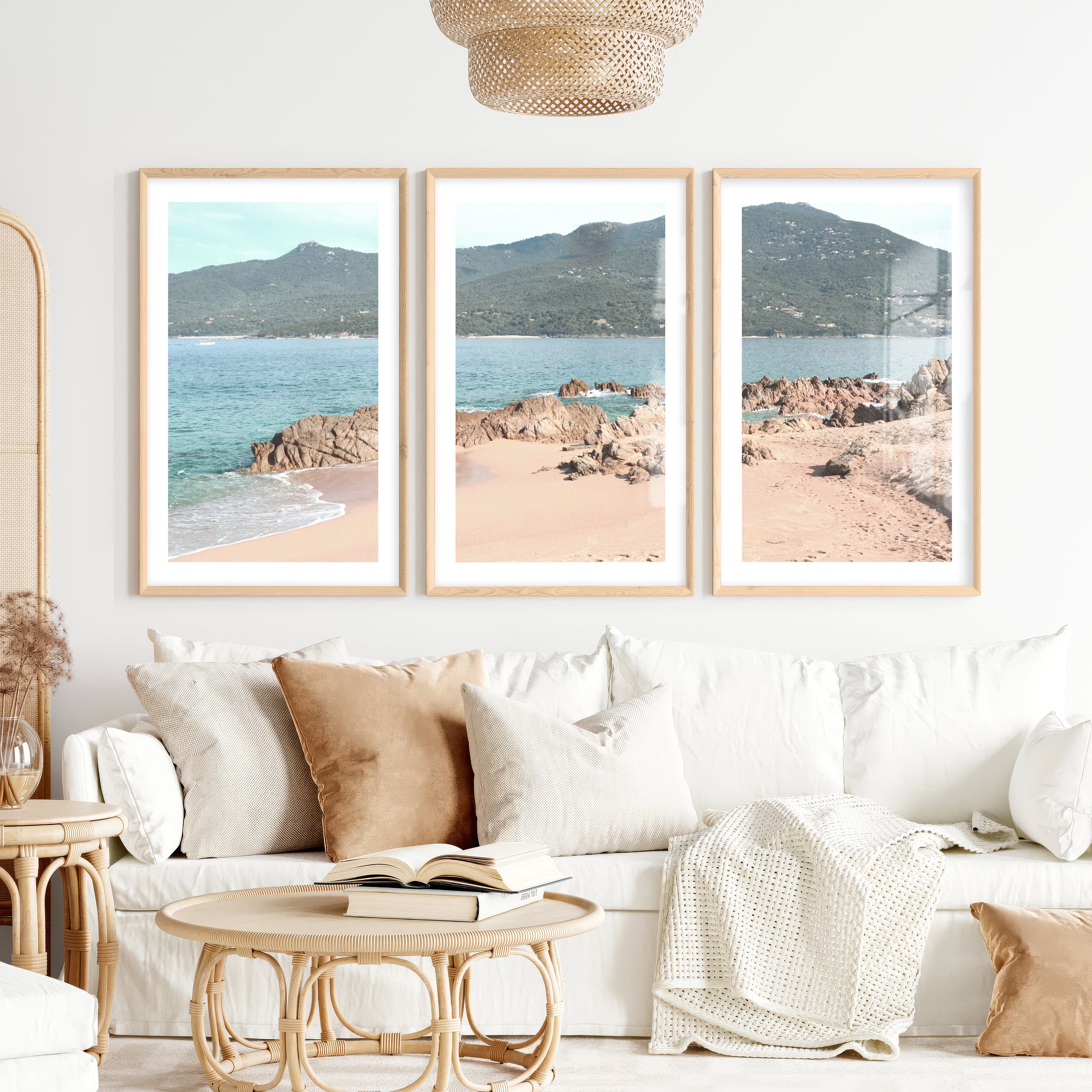 Rocky Cove ocean themed prints- Natural Wood Framed Poster with White Border - Artworksets