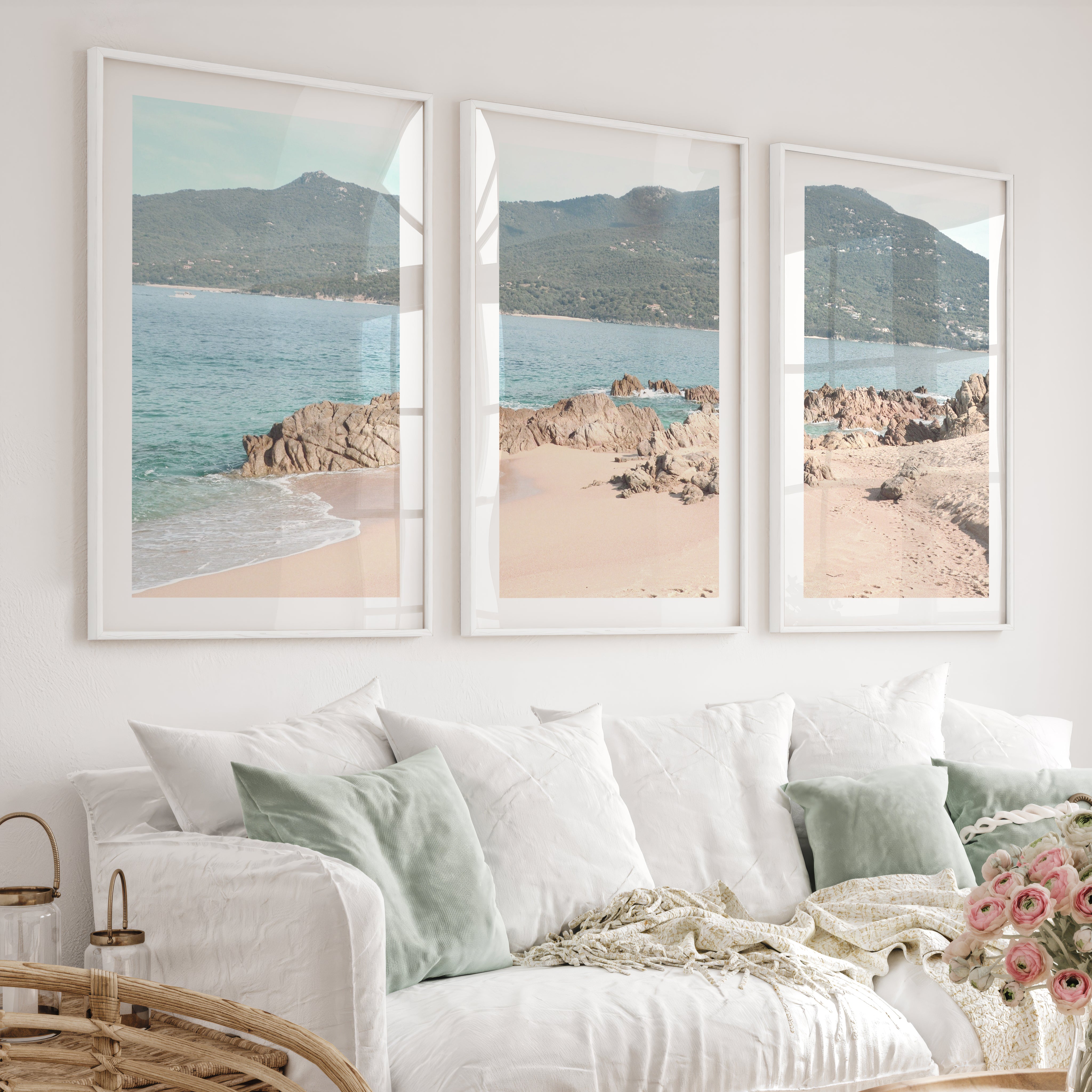 Rocky Cove ocean themed prints - White Framed Poster with White Border - Artworksets