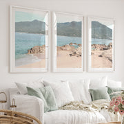 Rocky Cove ocean themed prints - White Framed Poster with White Border - Artworksets