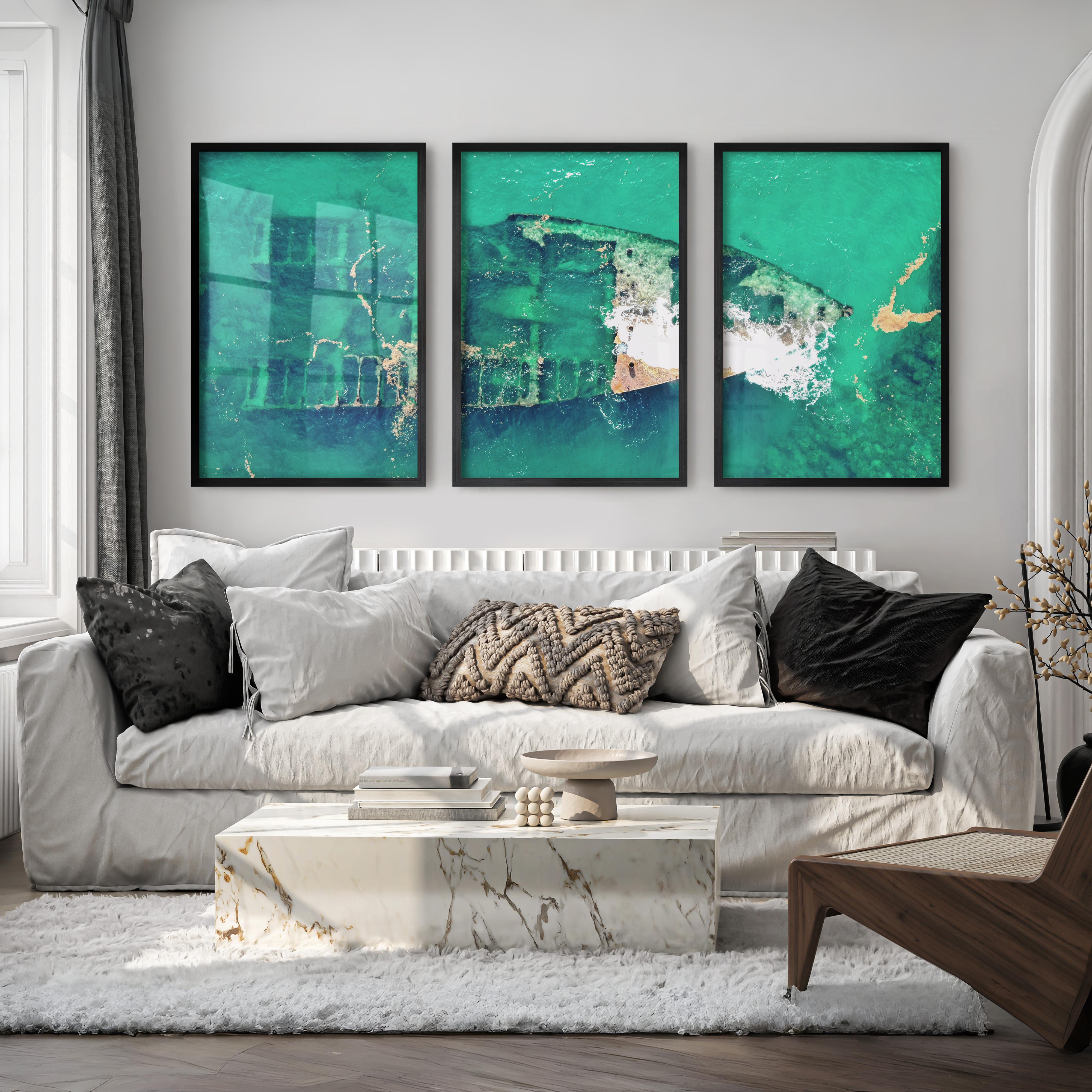 Aerial Shipwreck ocean themed wall decor - Black Framed Poster No Border - Artworksets