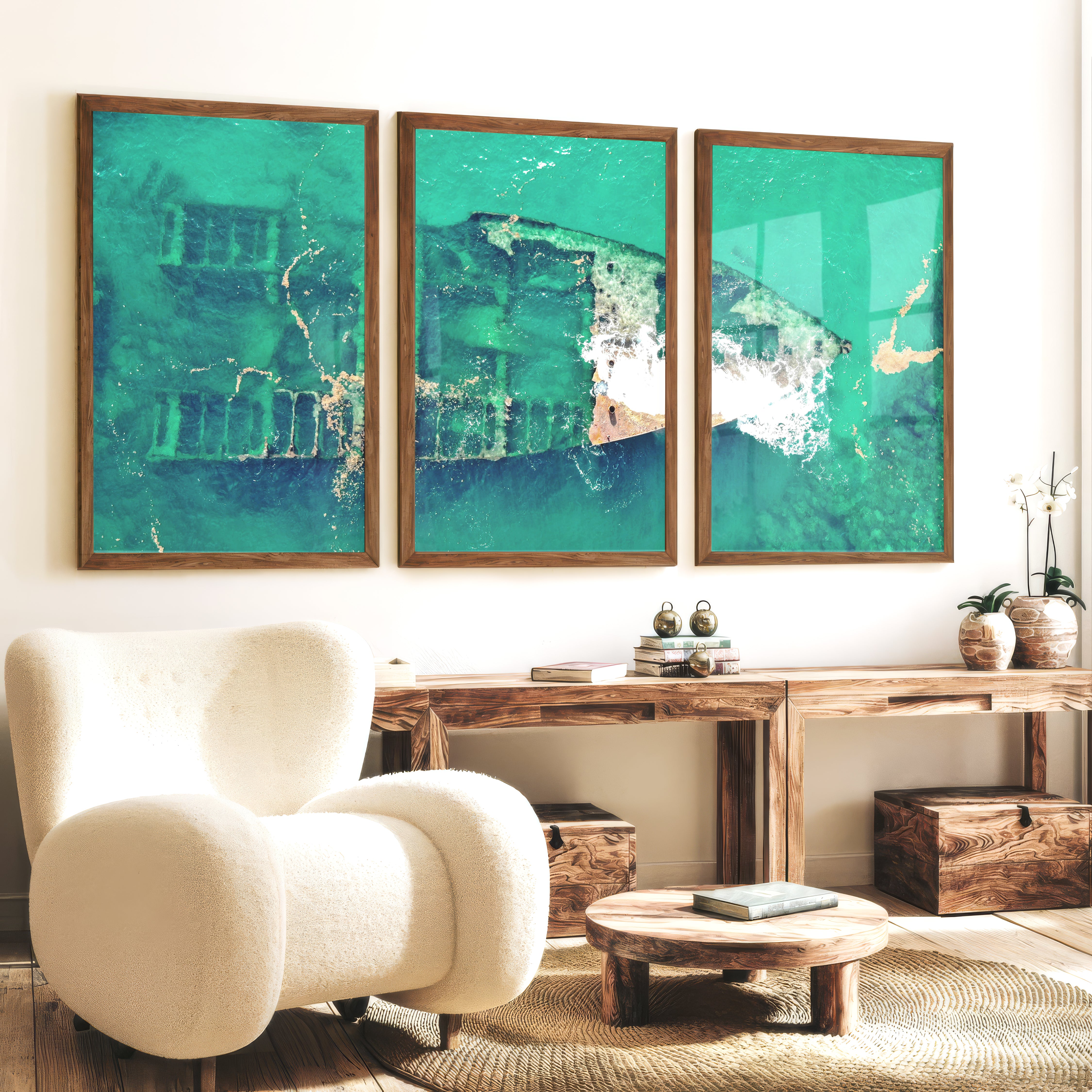 Aerial Shipwreck ocean themed wall decor - Dark Brown Framed Poster No Border - Artworksets