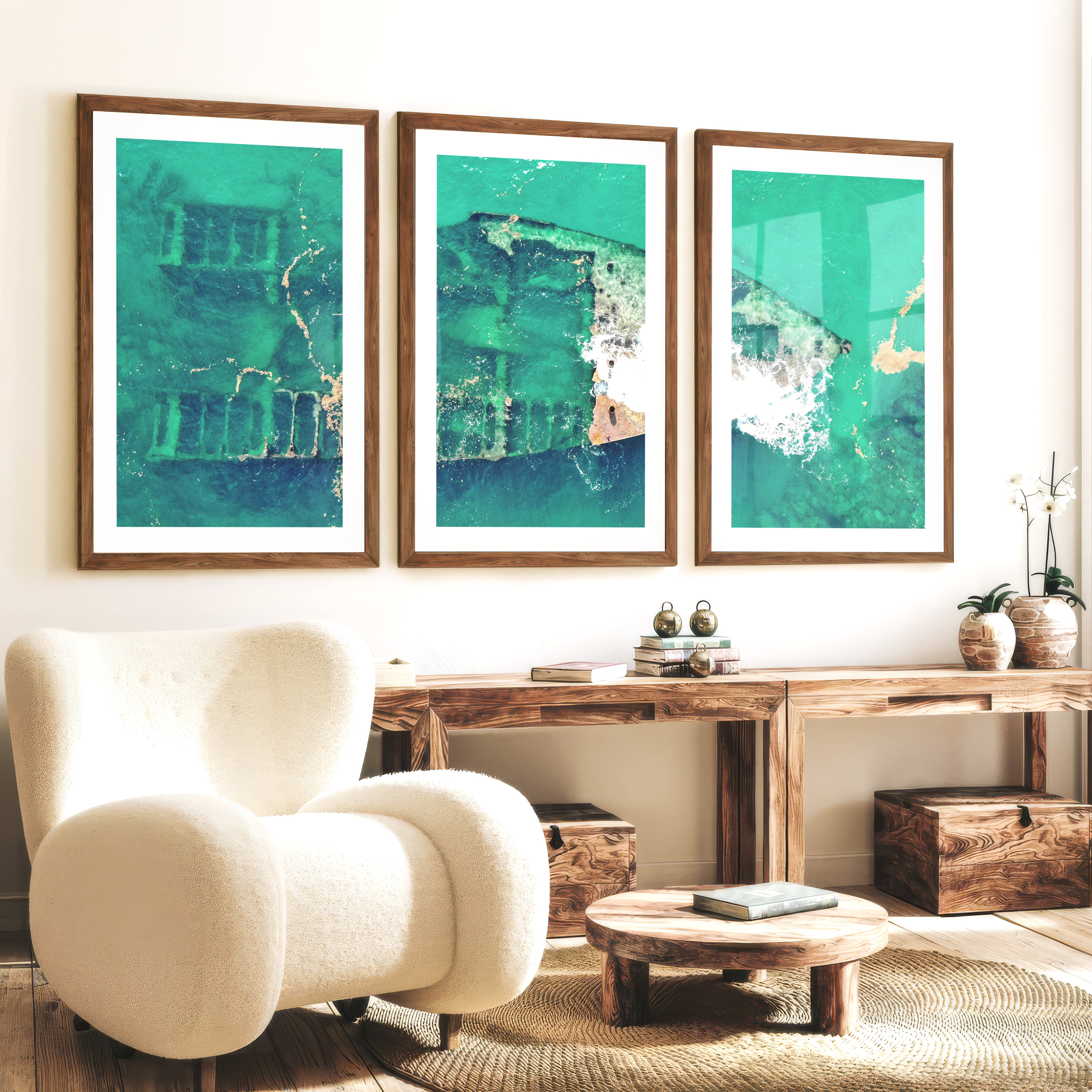 Aerial Shipwreck ocean themed wall decor - Dark Brown Framed Poster with White Border - Artworksets