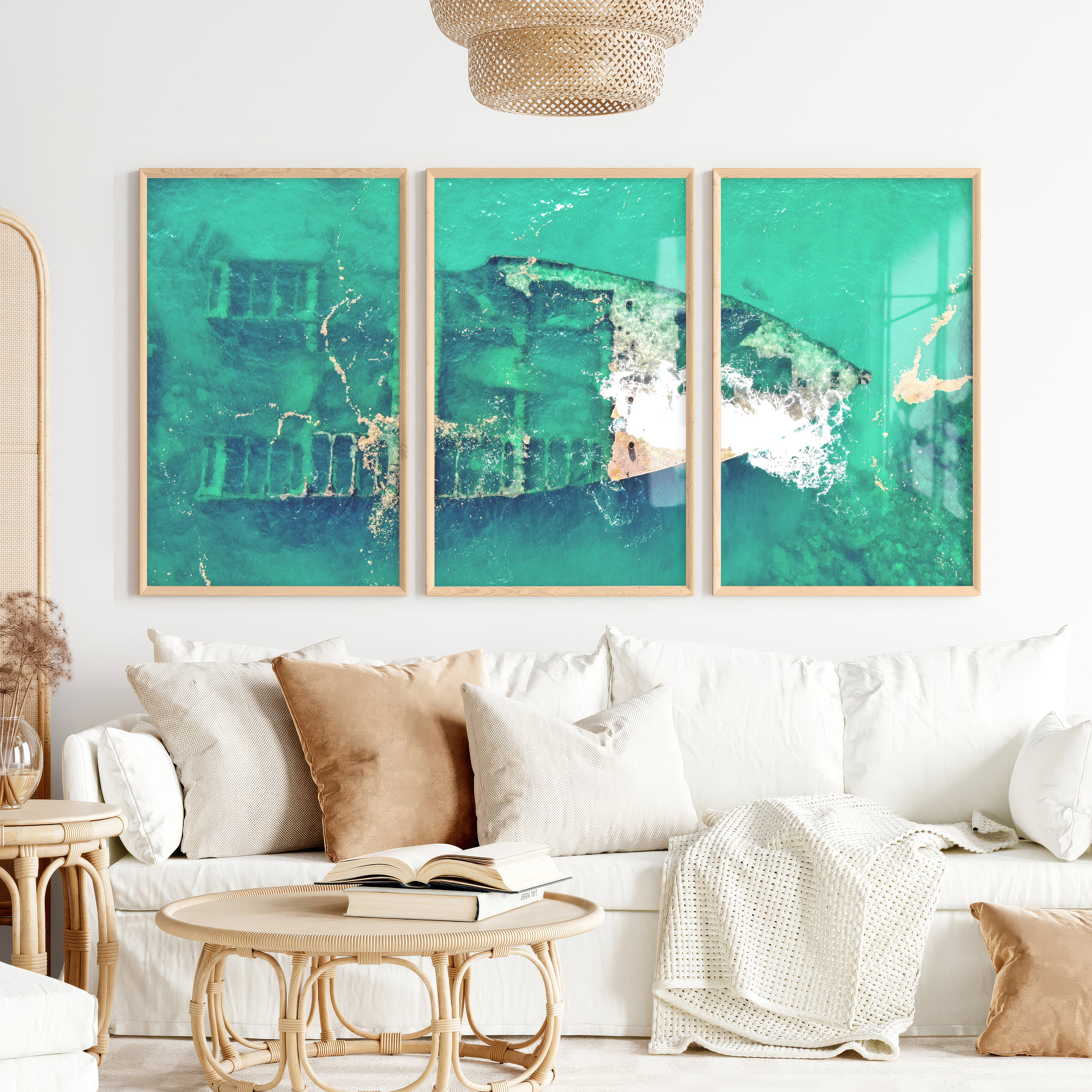 Aerial Shipwreck ocean themed wall decor - Natural Wood Framed Poster No Border - Artworksets