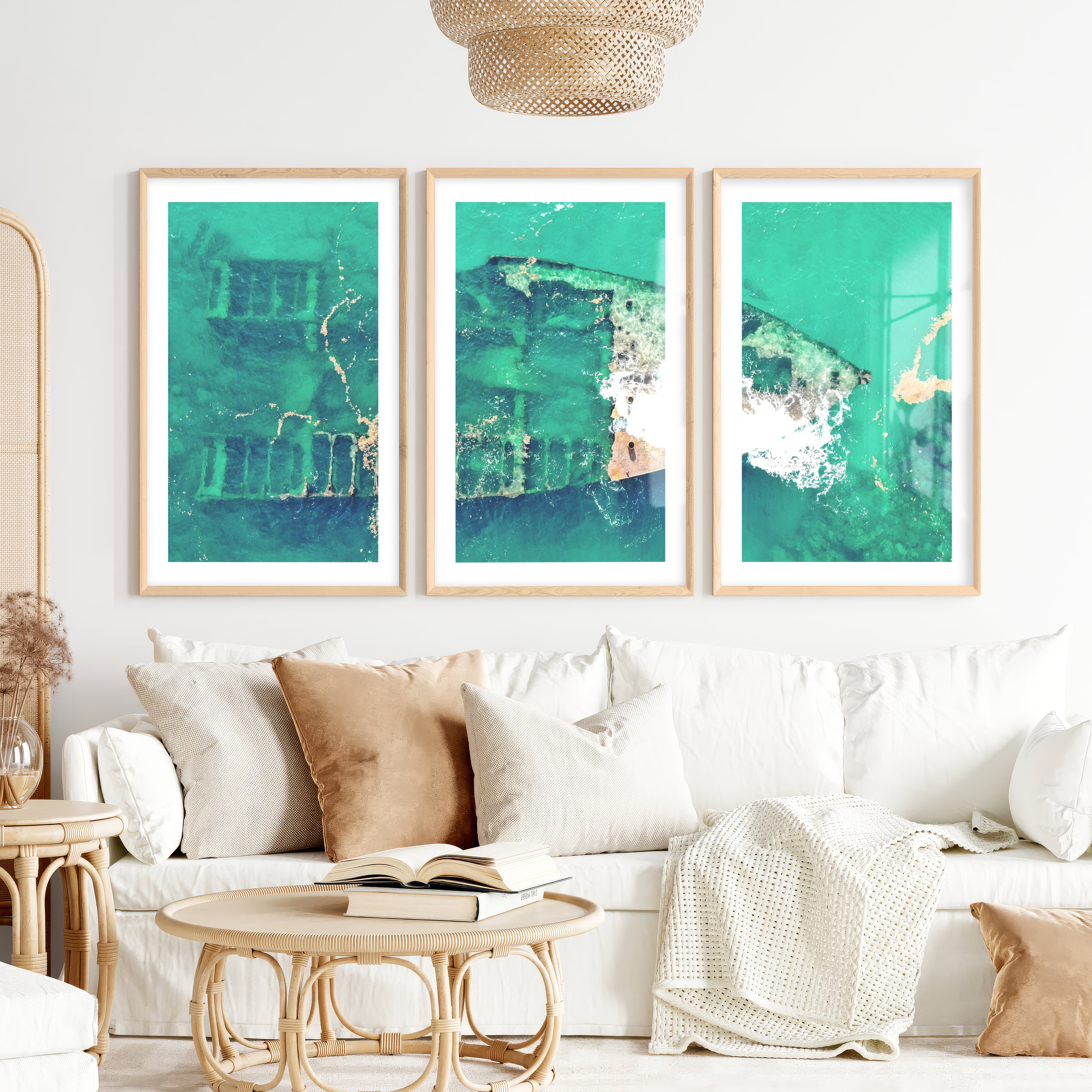 Aerial Shipwreck ocean themed wall decor- Natural Wood Framed Poster with White Border - Artworksets