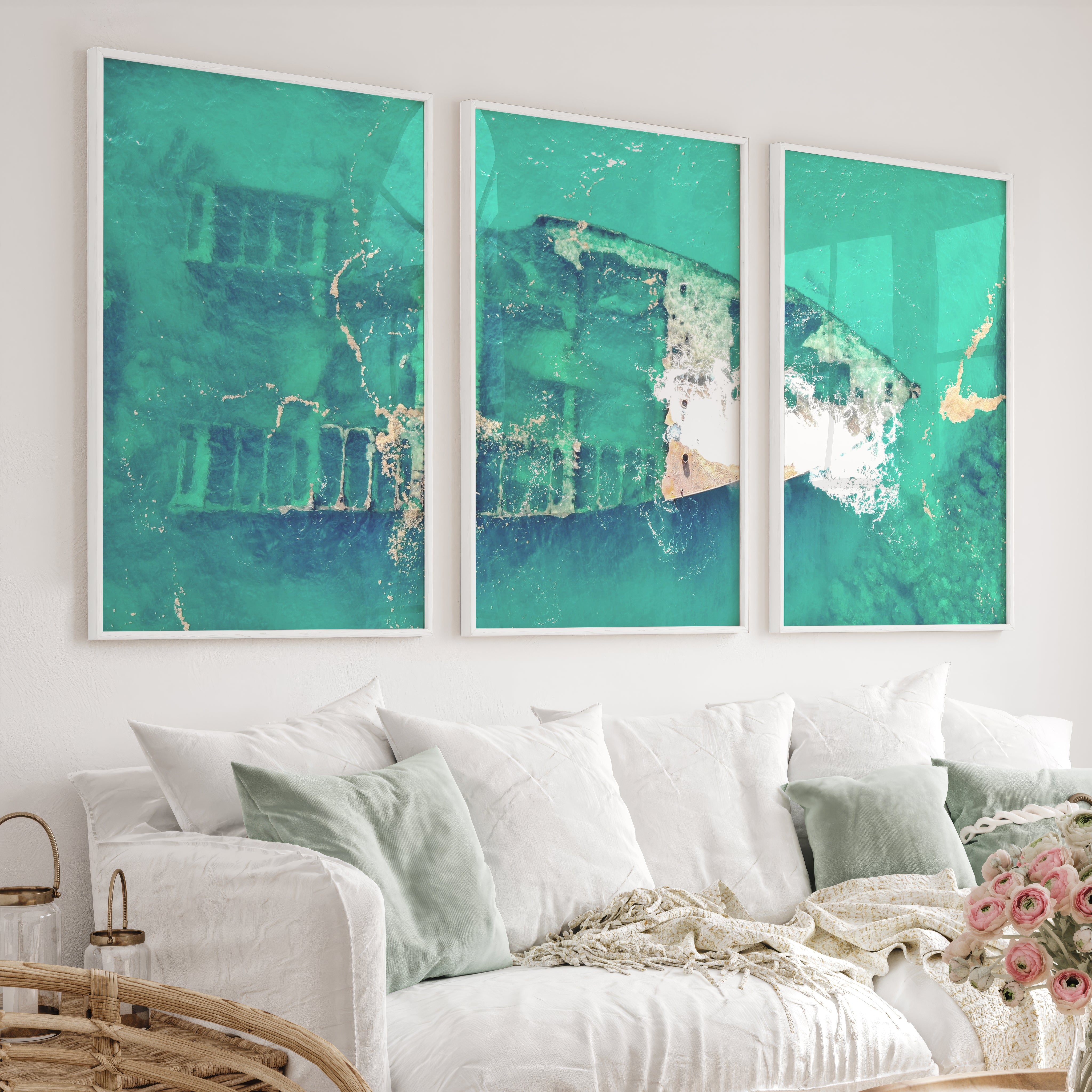 Aerial Shipwreck ocean themed wall decor - White Framed Poster No Border - Artworksets